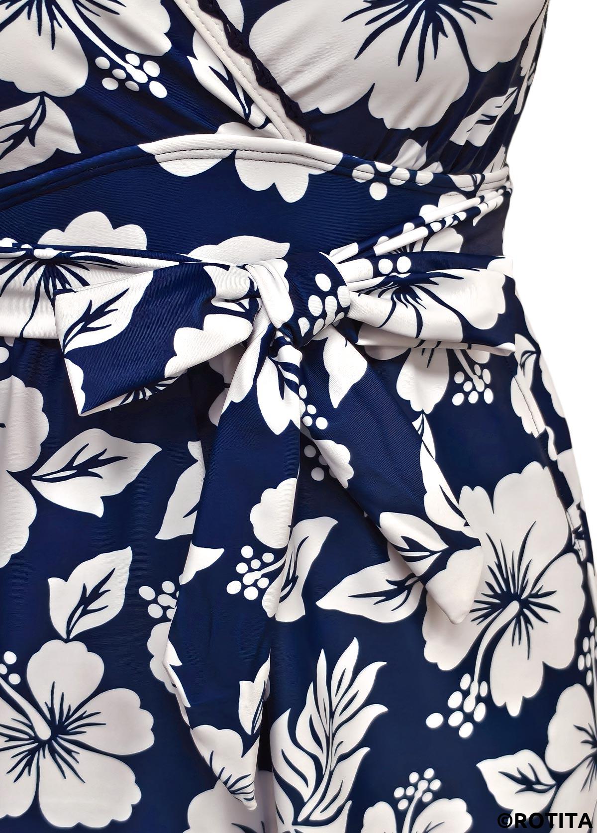 Blue plus size,Floral plus size,Plants plus size,ROTITA Plus Size Floral Print Blue One Piece Swimwear
