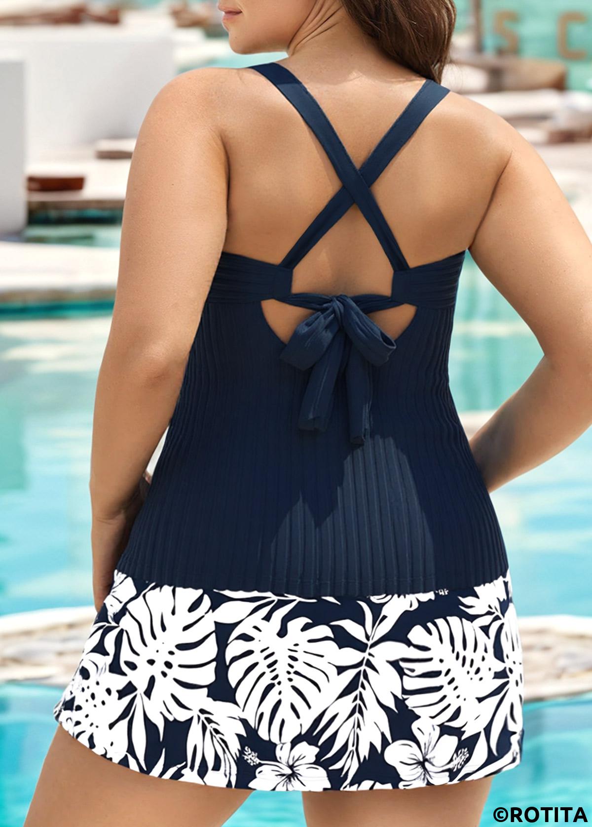 Navy plus size,Plants plus size,ROTITA Plus Size Mid Waisted Tropical Plants Print Tankini Set