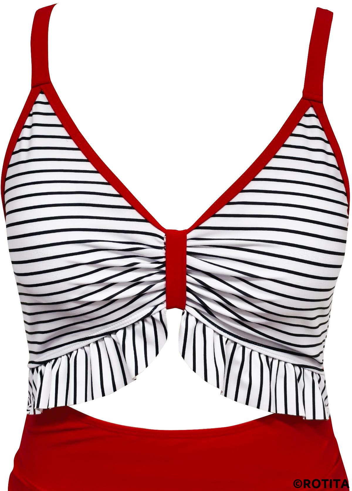 Red swimwear,Striped swimwear,Geometric swimwear,ROTITA Red Striped V-Neck One Piece Swimwear