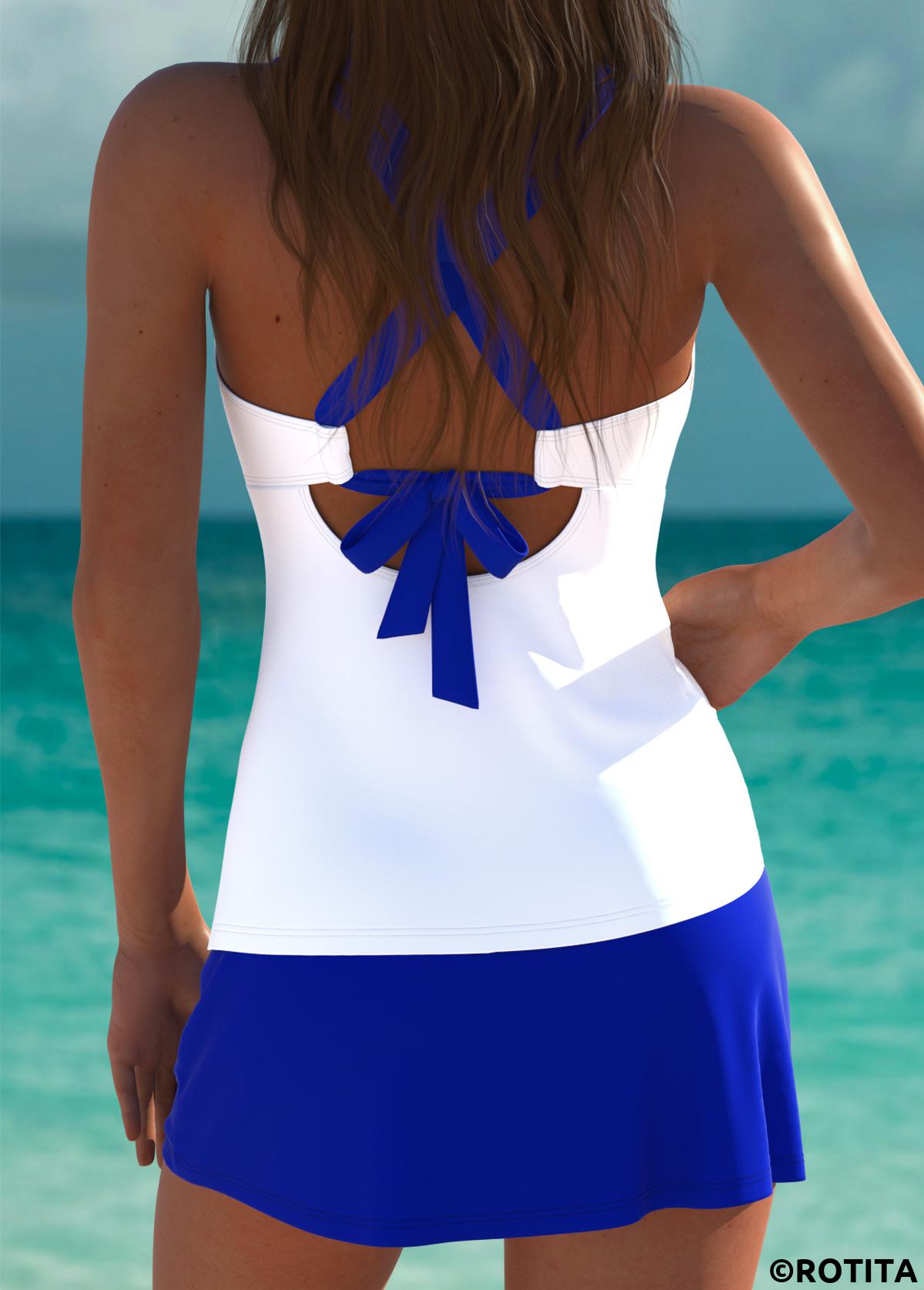 Royal Blue swimwear,Floral swimwear,Plants swimwear,ROTITA Royal Blue Floral Print Mid Waisted Tankini Set