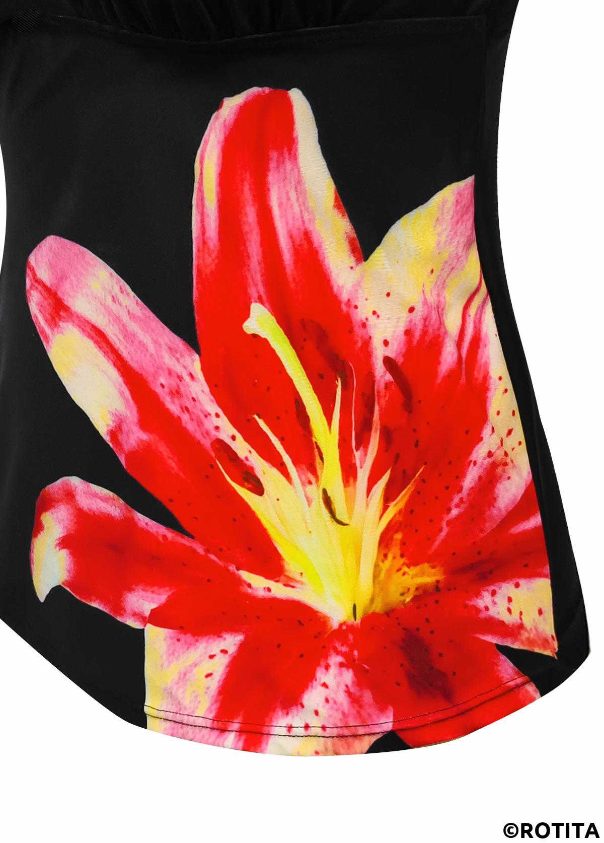 Black swimwear,Floral swimwear,Plants swimwear,ROTITA Black Floral Print Mid Waisted Tankini Set
