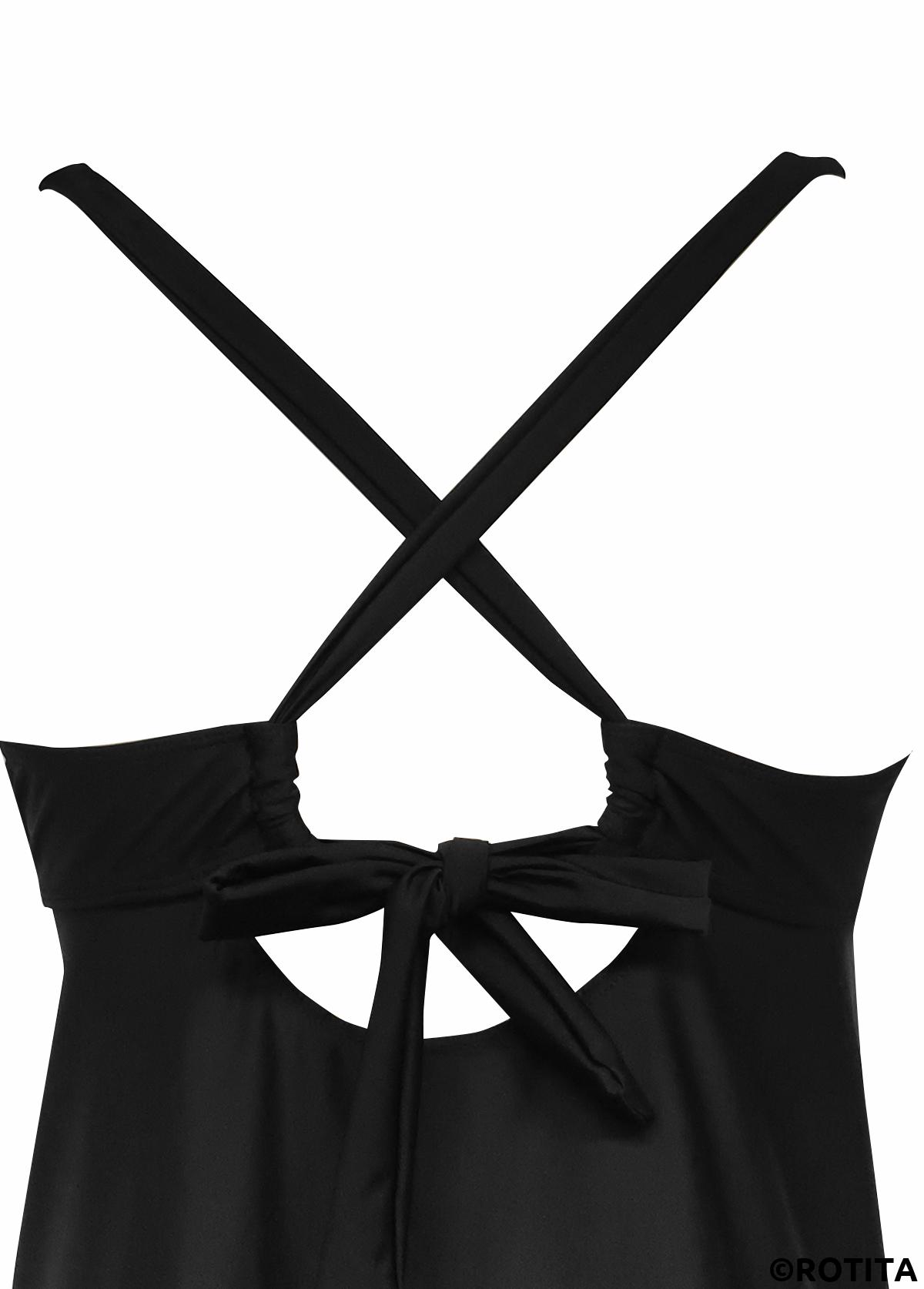 Black swimwear,Floral swimwear,Plants swimwear,ROTITA Black Floral Print Mid Waisted Tankini Set