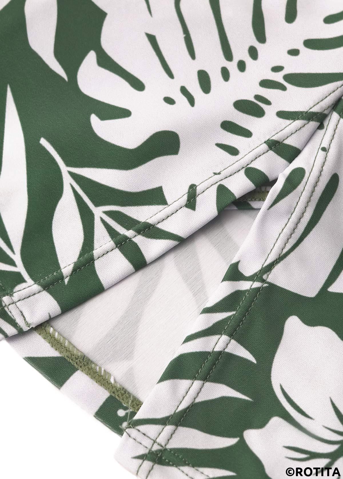 Sage Green swimwear,Plants swimwear,ROTITA Sage Green Tropical Plants Print Mid Waisted Tankini Set