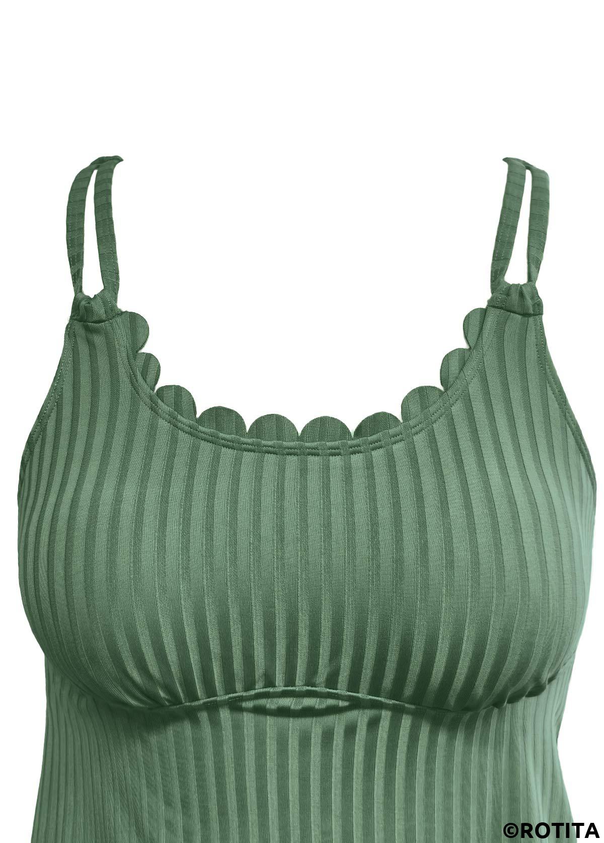 Sage Green swimwear,Plants swimwear,ROTITA Sage Green Tropical Plants Print Mid Waisted Tankini Set