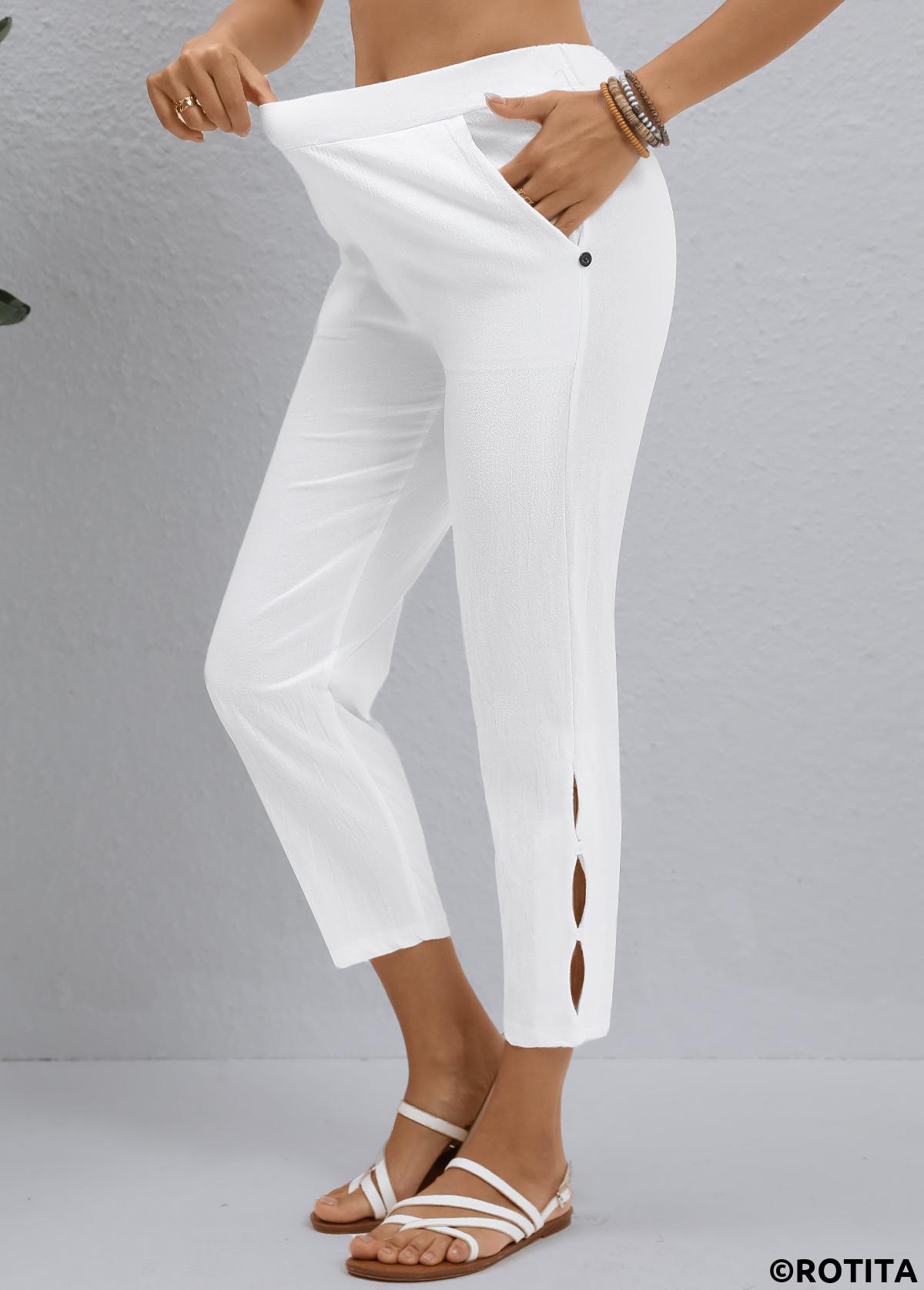 White bottoms,Plain Color bottoms,ROTITA White Elastic Waist High Waisted Pants