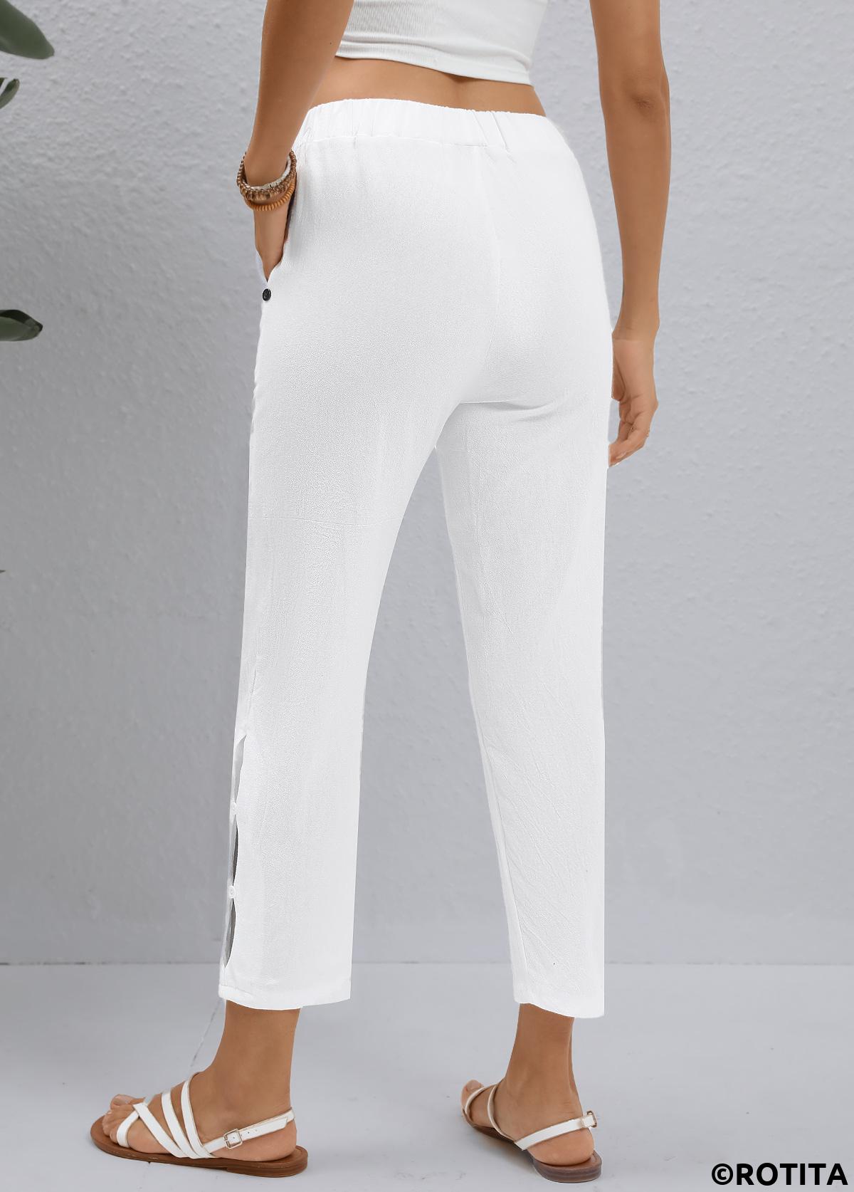 White bottoms,Plain Color bottoms,ROTITA White Elastic Waist High Waisted Pants