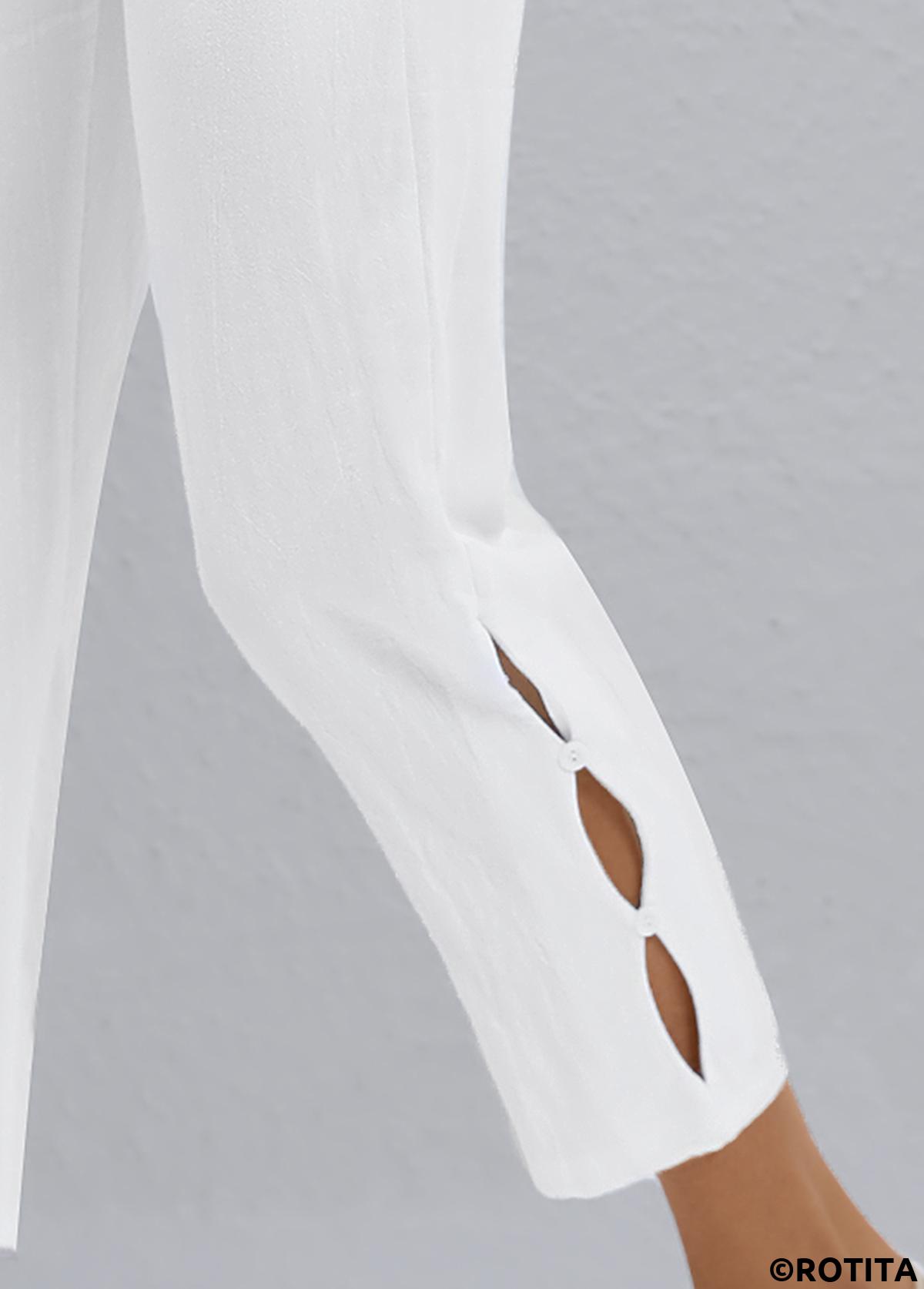 White bottoms,Plain Color bottoms,ROTITA White Elastic Waist High Waisted Pants