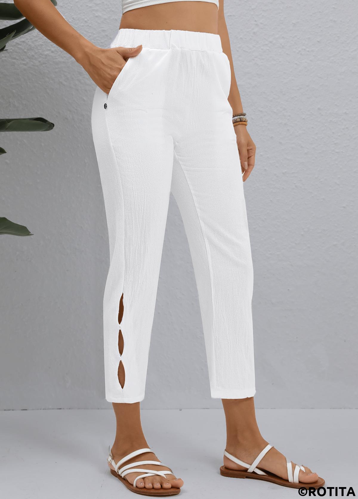 White bottoms,Plain Color bottoms,ROTITA White Elastic Waist High Waisted Pants