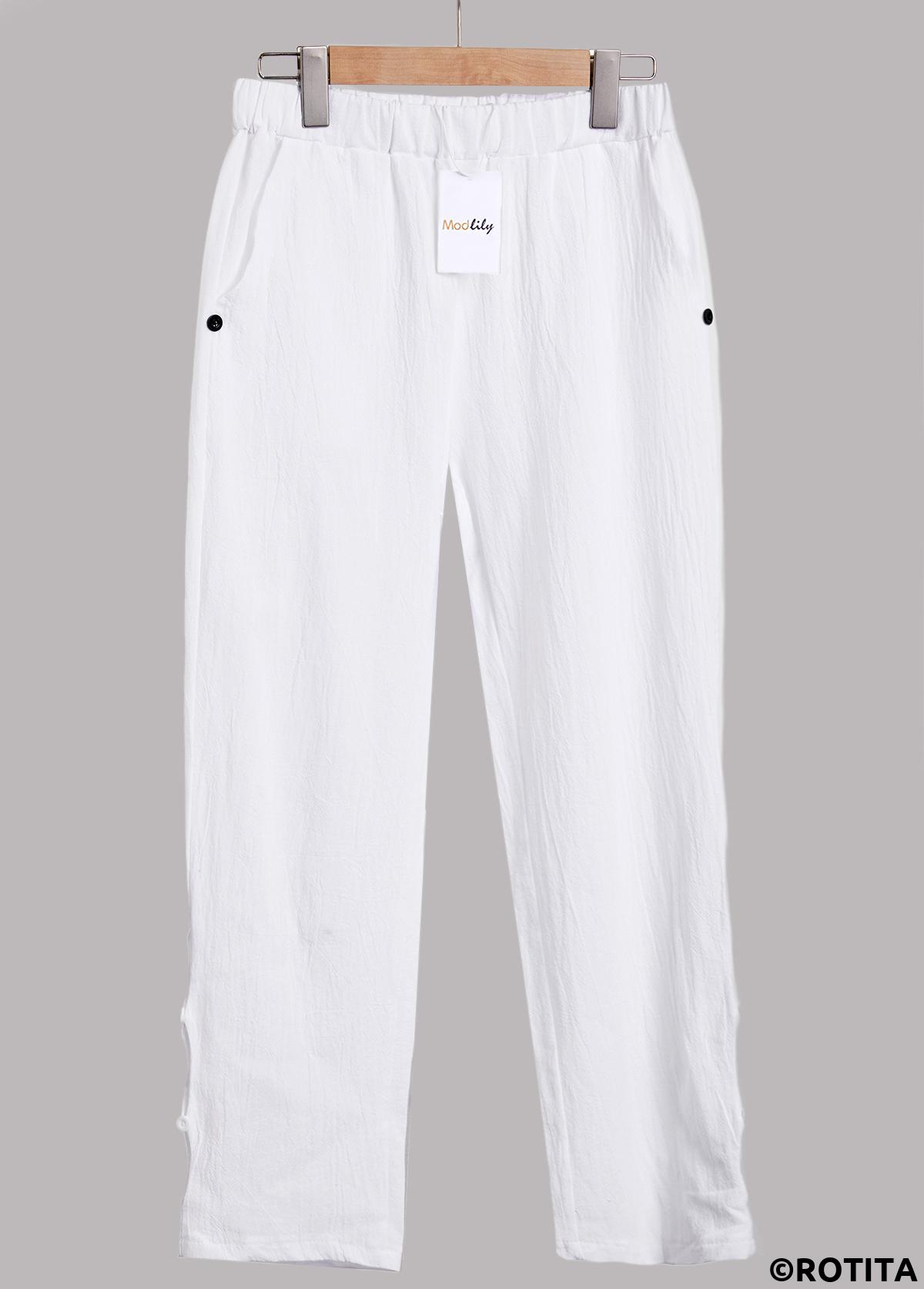 White bottoms,Plain Color bottoms,ROTITA White Elastic Waist High Waisted Pants