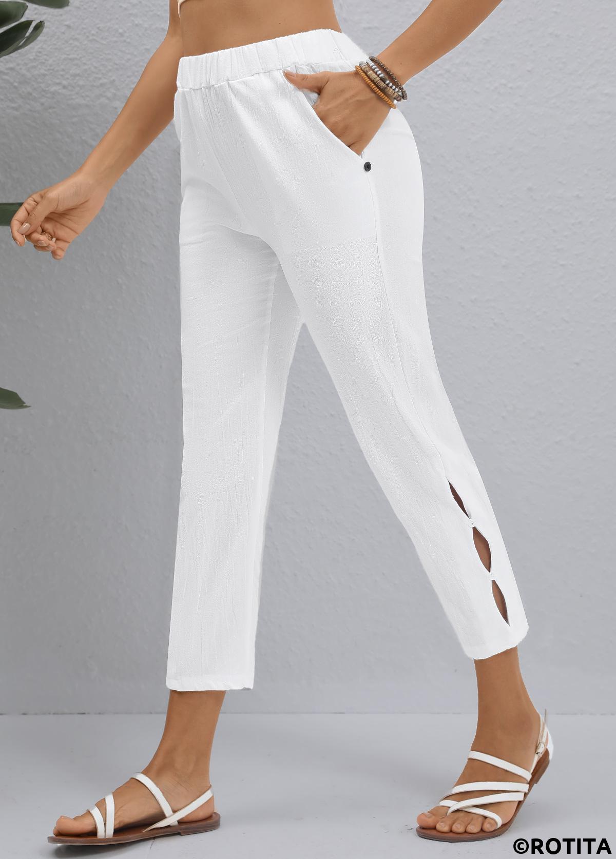 White bottoms,Plain Color bottoms,ROTITA White Elastic Waist High Waisted Pants