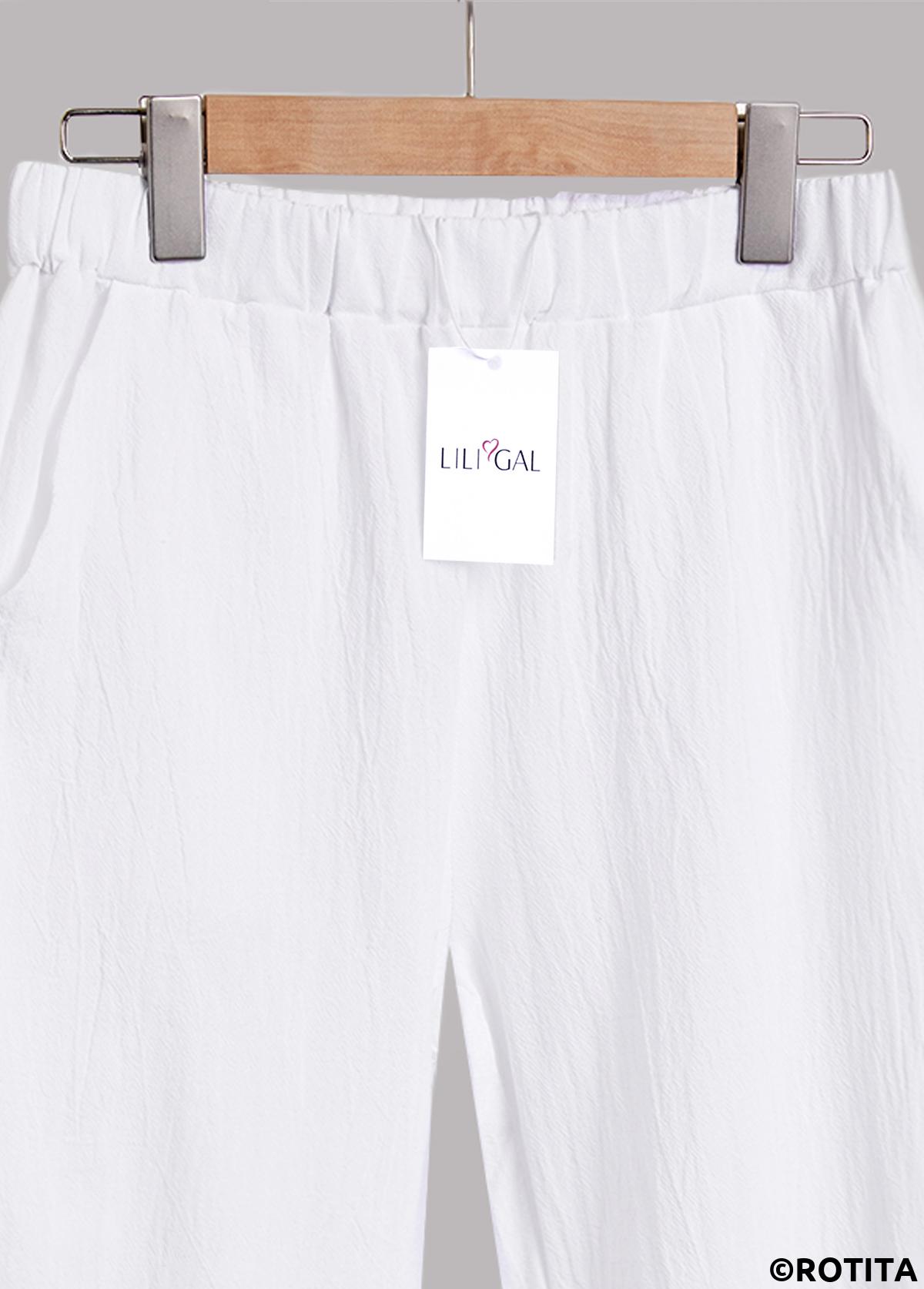 White bottoms,Plain Color bottoms,ROTITA White Elastic Waist High Waisted Pants