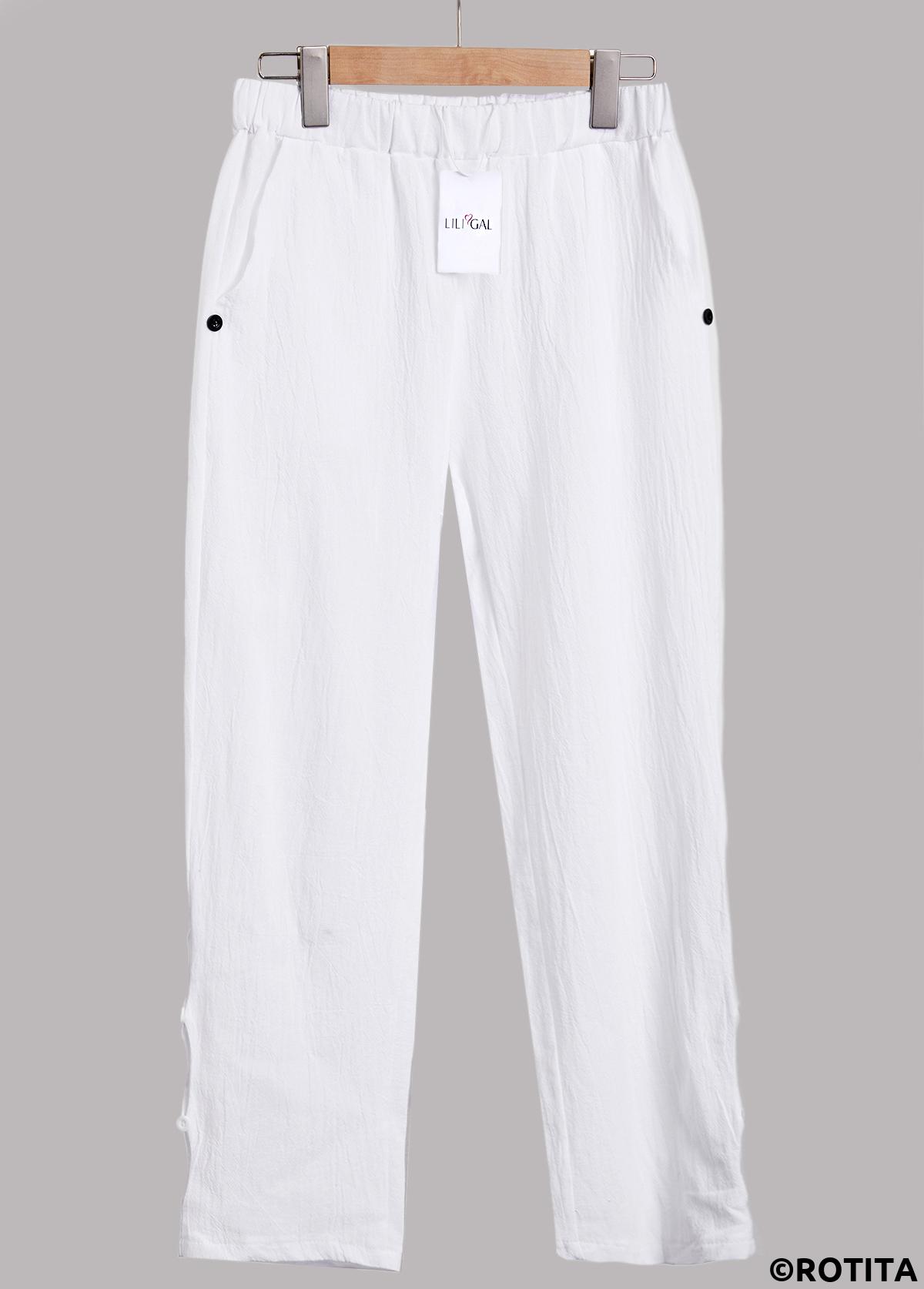 White bottoms,Plain Color bottoms,ROTITA White Elastic Waist High Waisted Pants