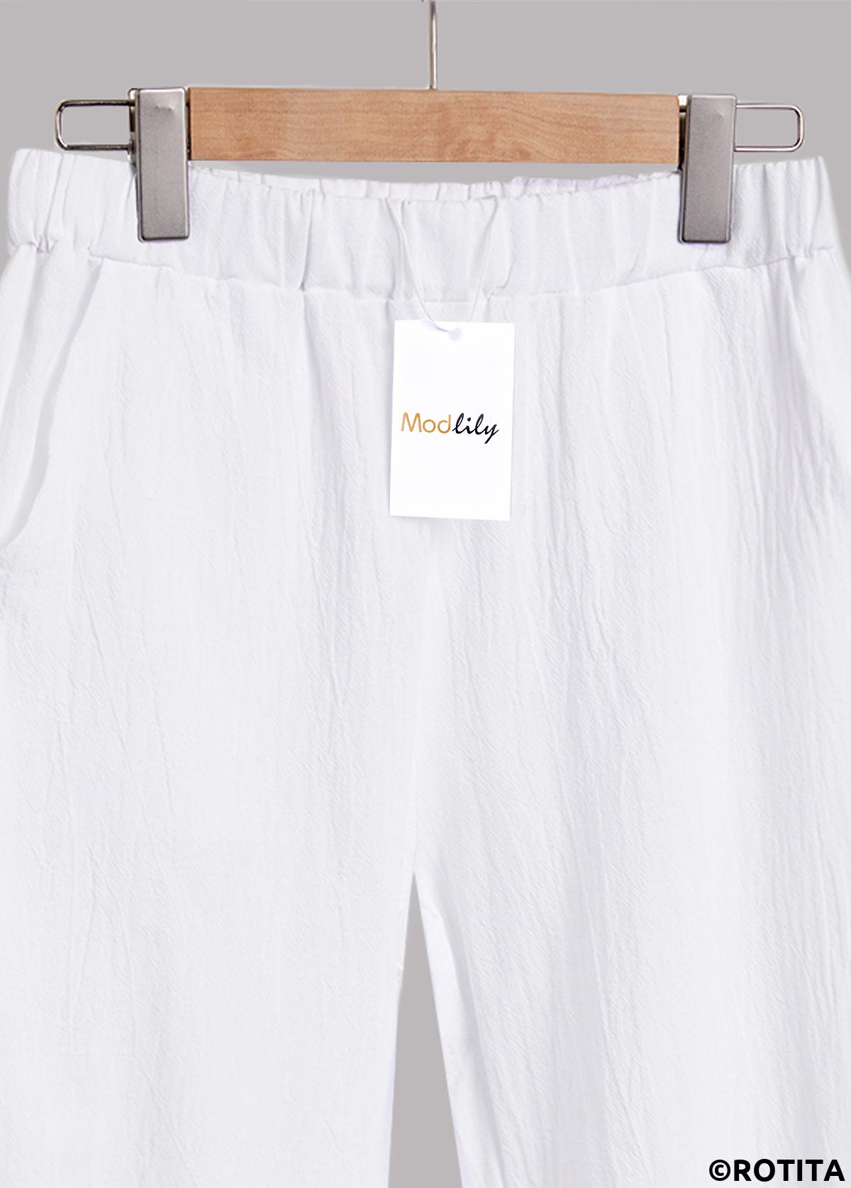 White bottoms,Plain Color bottoms,ROTITA White Elastic Waist High Waisted Pants