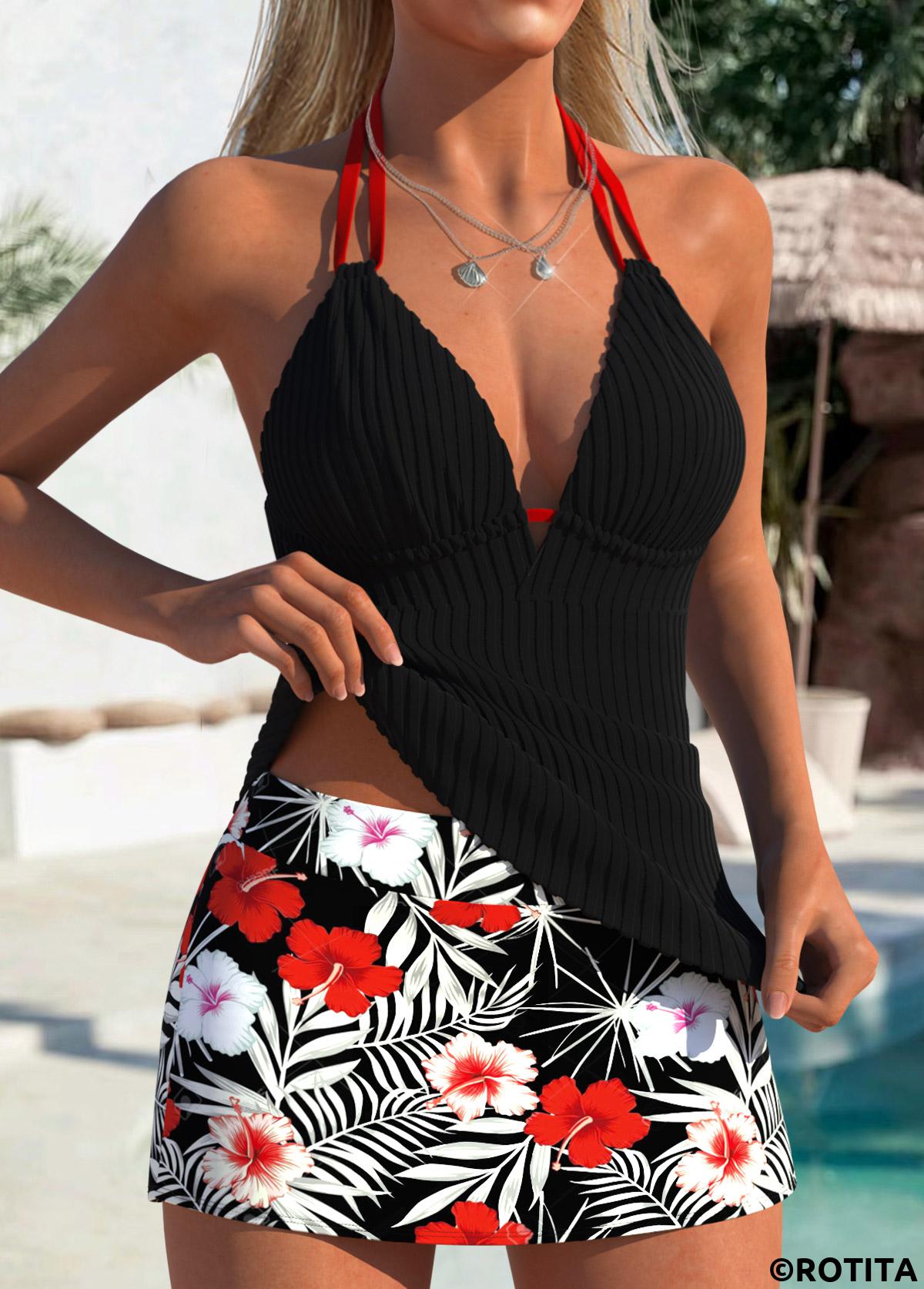 Black swimwear,Plants swimwear,ROTITA Black Tropical Plants Print Mid Waisted Tankini Set