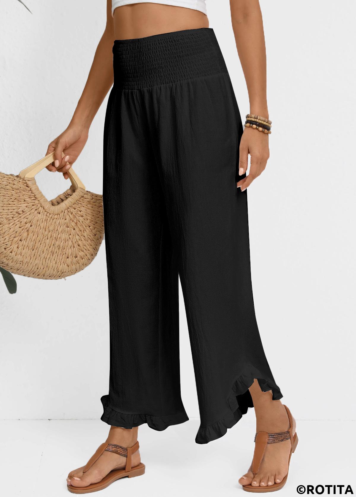 Black bottoms,Plain Color bottoms,Black Wide Leg Elastic Waist High Waisted Pants