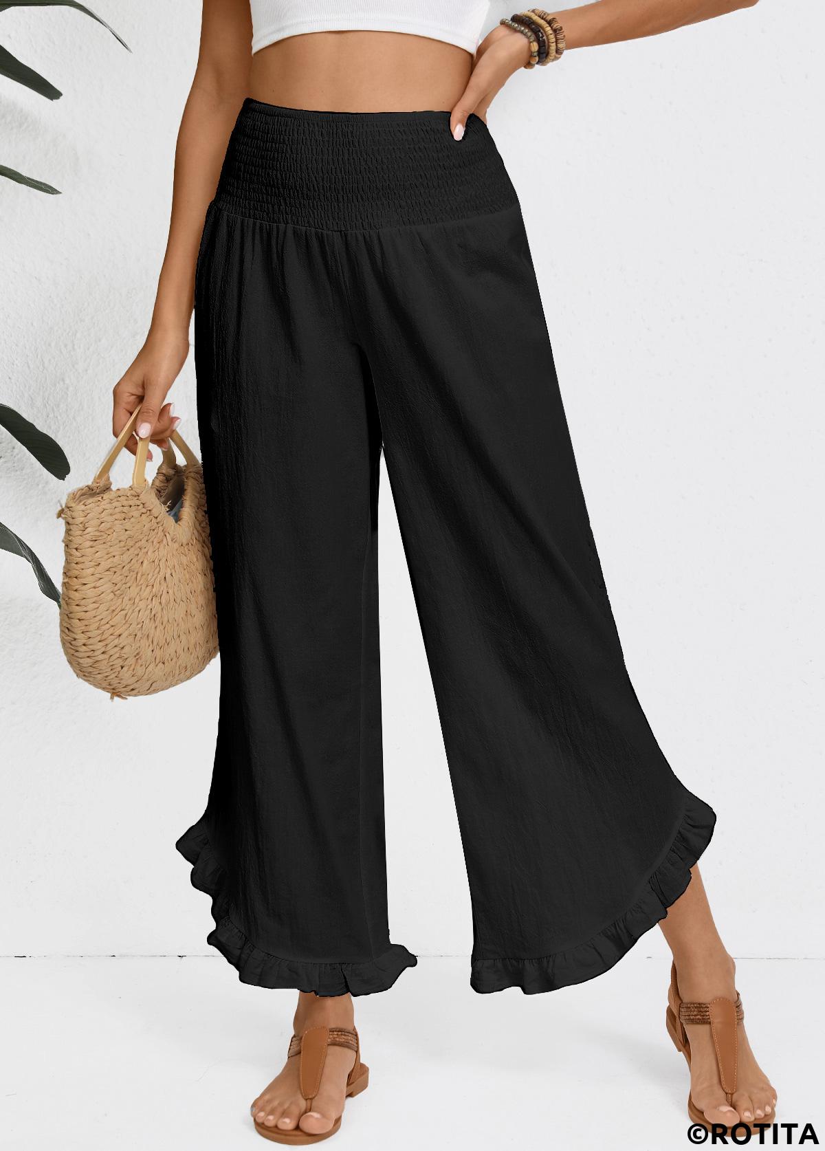 Black bottoms,Plain Color bottoms,Black Wide Leg Elastic Waist High Waisted Pants