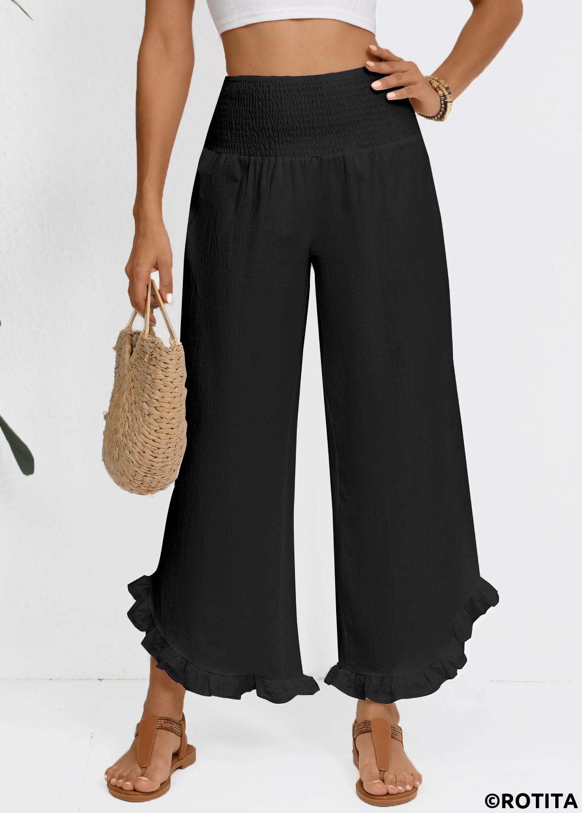 Black bottoms,Plain Color bottoms,Black Wide Leg Elastic Waist High Waisted Pants