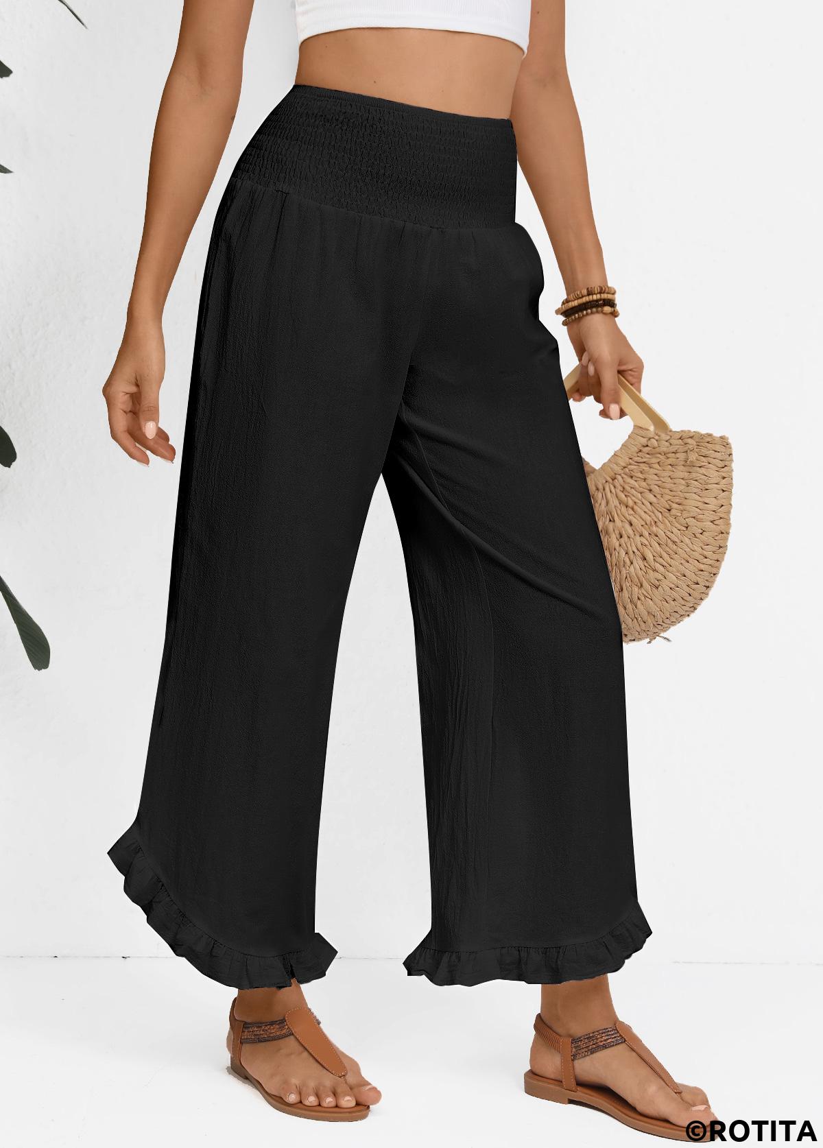 Black bottoms,Plain Color bottoms,Black Wide Leg Elastic Waist High Waisted Pants