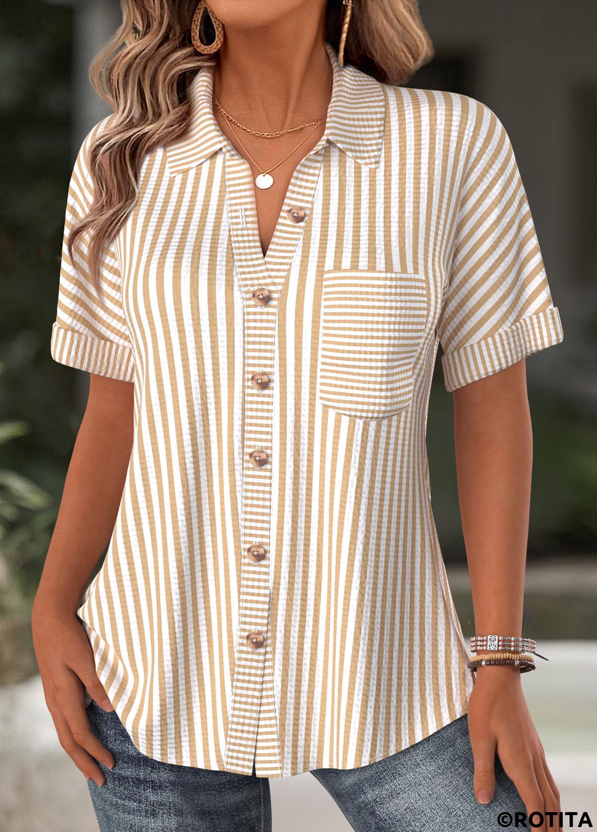 Light Camel tops,Striped tops,Geometric tops,ROTITA Striped Light Camel Short Sleeve Shirt