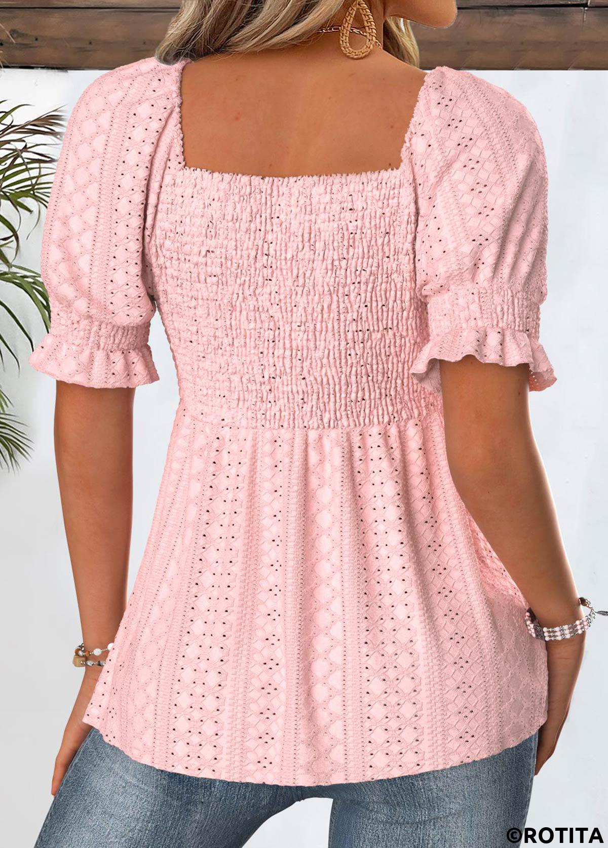 Light Pink tops,Plain Color tops,ROTITA Light Pink Square Neck Short Sleeve Blouse