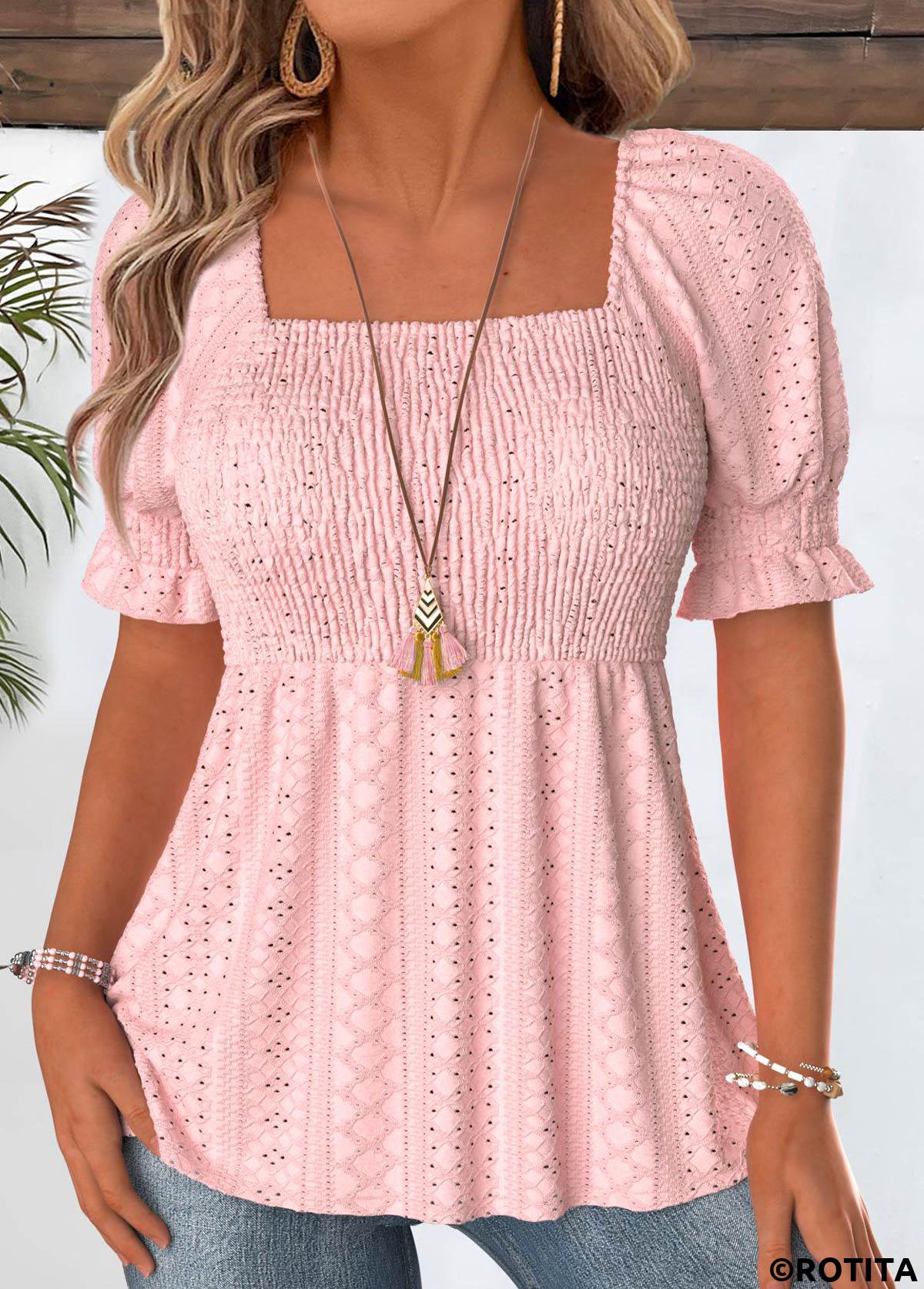 Light Pink tops,Plain Color tops,ROTITA Light Pink Square Neck Short Sleeve Blouse