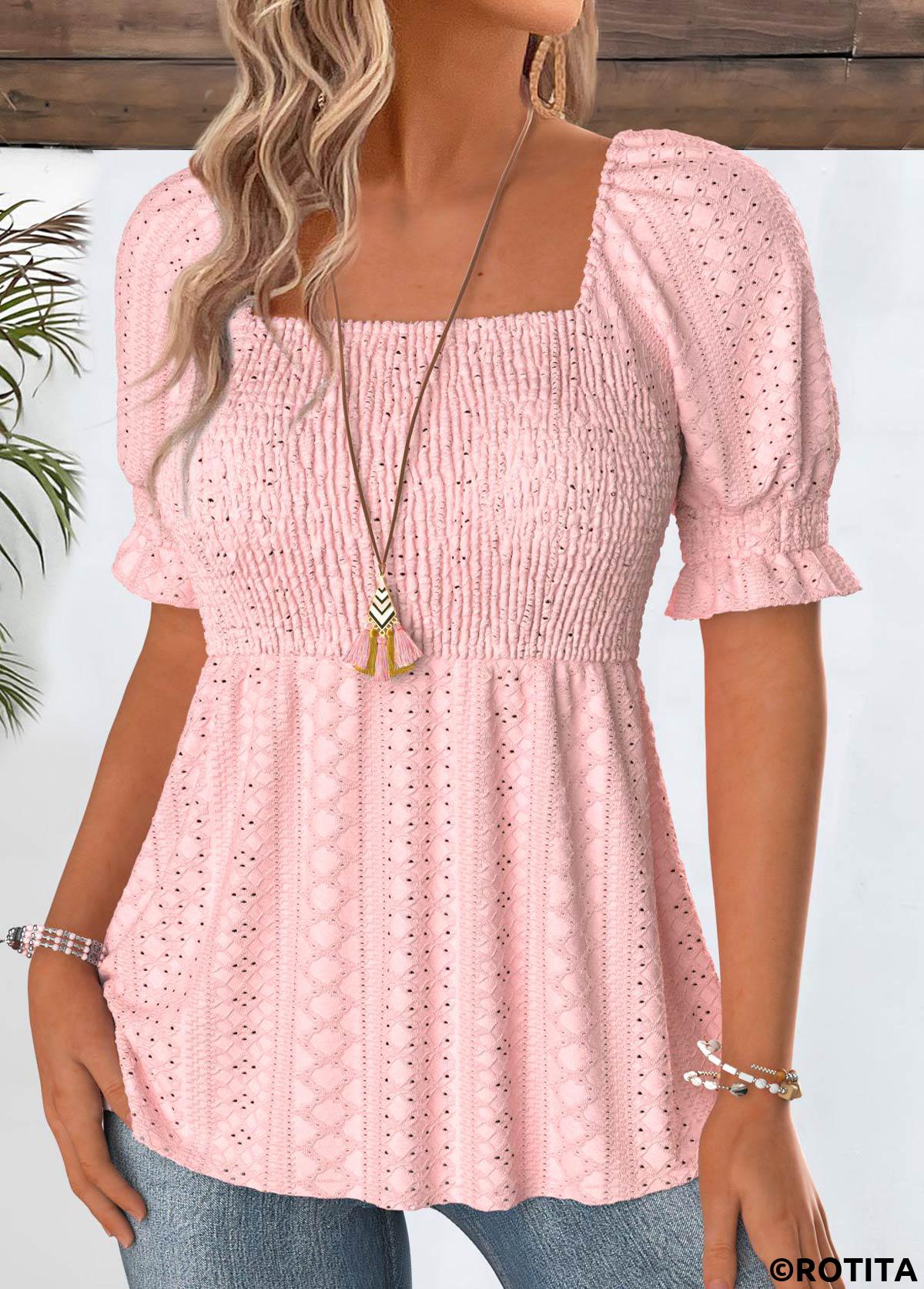 Light Pink tops,Plain Color tops,ROTITA Light Pink Square Neck Short Sleeve Blouse