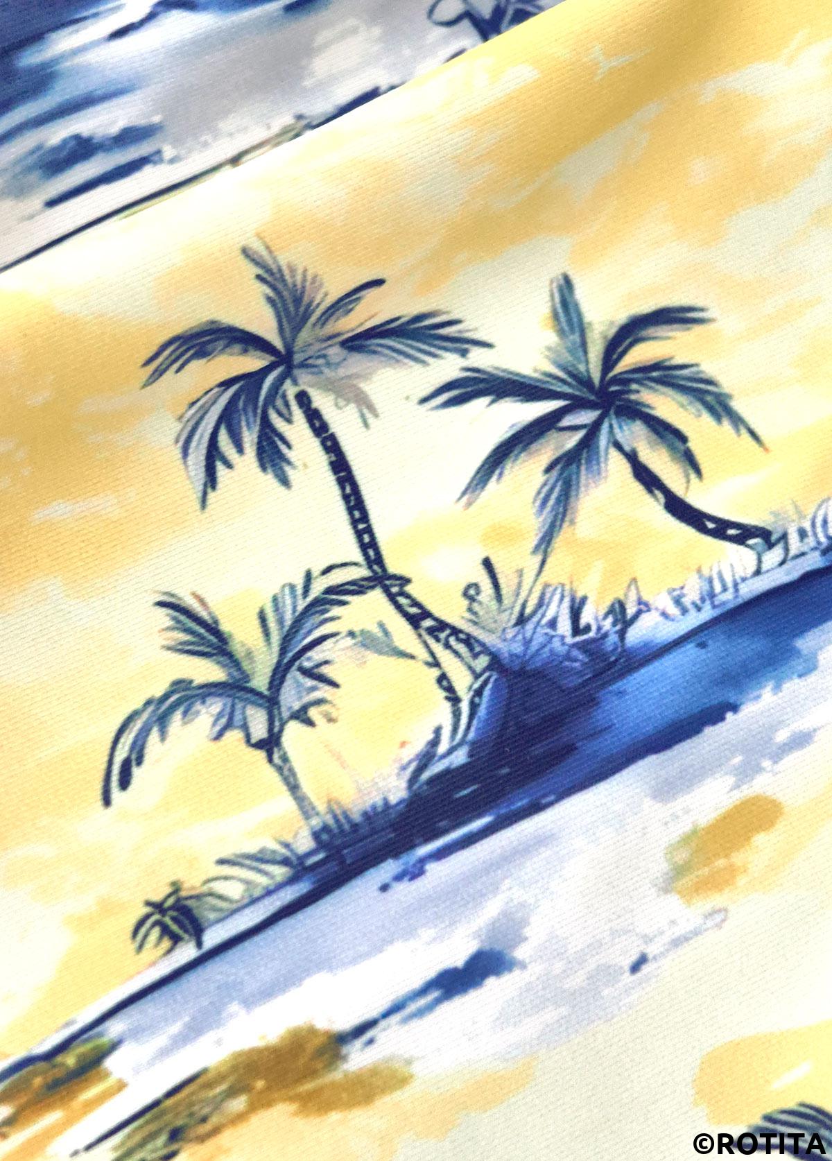 Light Yellow swimwear,Plants swimwear,ROTITA Light Yellow Tropical Plants Print Mid Waisted Tankini Set