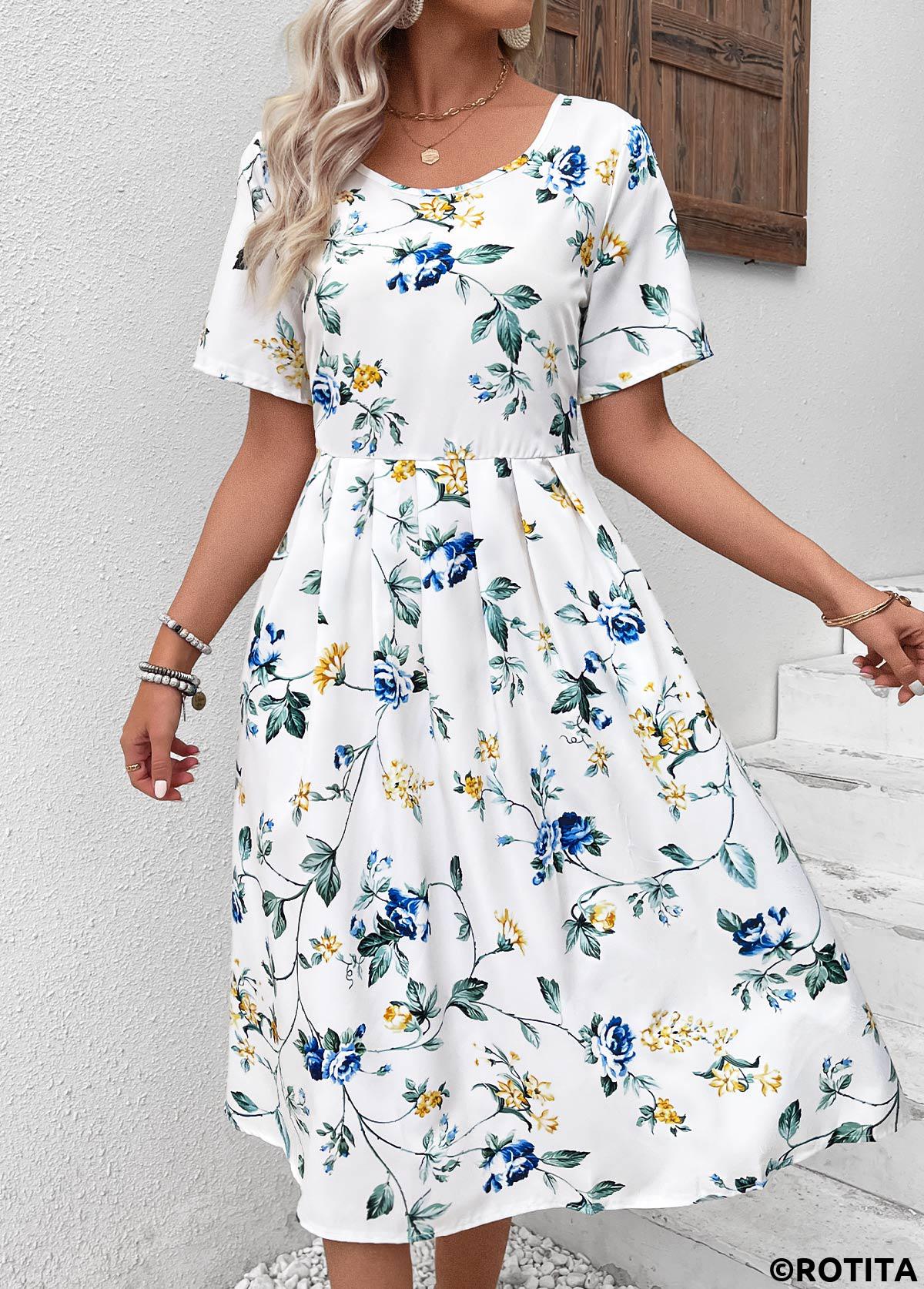 White dresses,Floral dresses,Plants dresses,Everyday dresses,Casual dresses,Floral Print White Round Neck Short Sleeve Dress