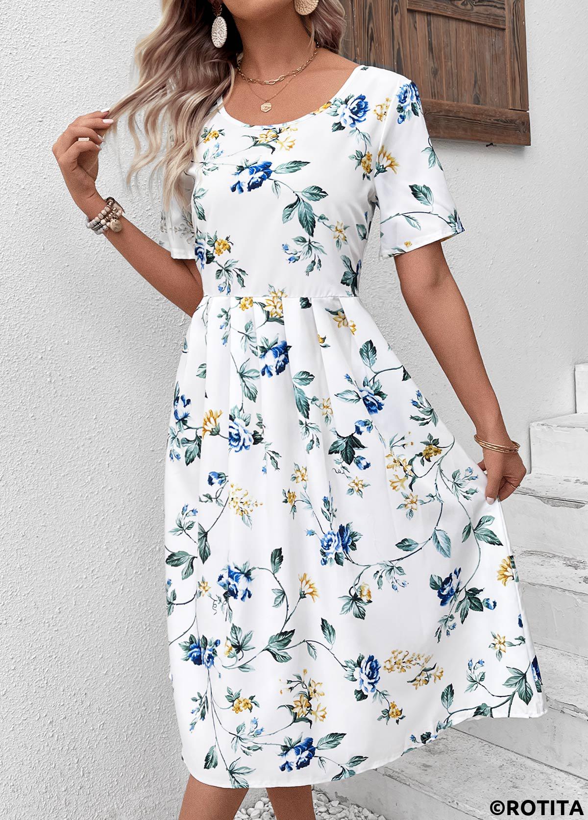 White dresses,Floral dresses,Plants dresses,Everyday dresses,Casual dresses,Floral Print White Round Neck Short Sleeve Dress
