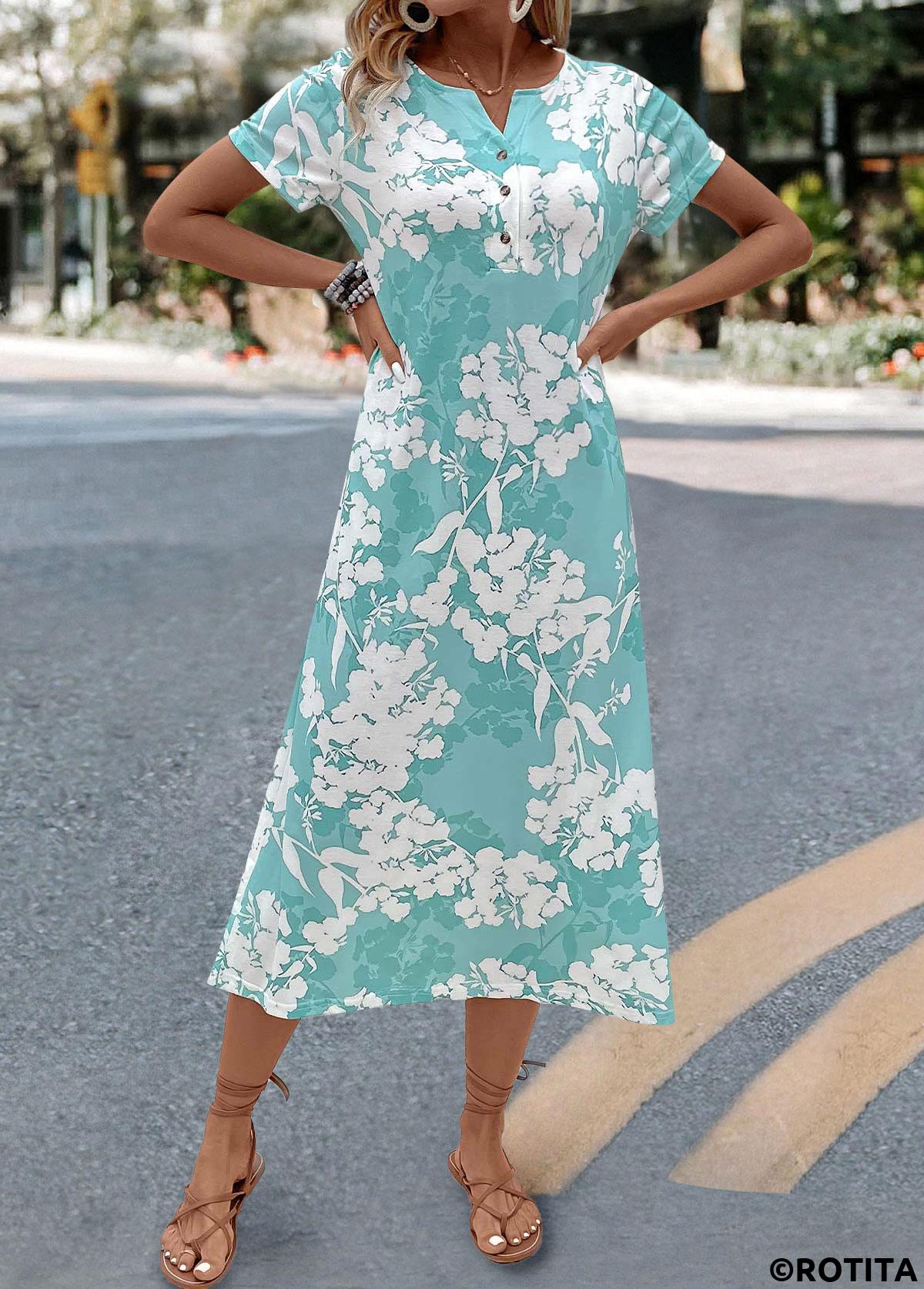 Mint Green dresses,Floral dresses,Plants dresses,Everyday dresses,Casual dresses,Floral Print Mint Green A Line Split Neck Dress
