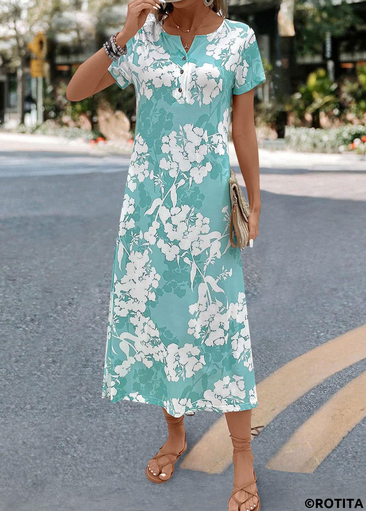Mint Green dresses,Floral dresses,Plants dresses,Everyday dresses,Casual dresses,Floral Print Mint Green A Line Split Neck Dress