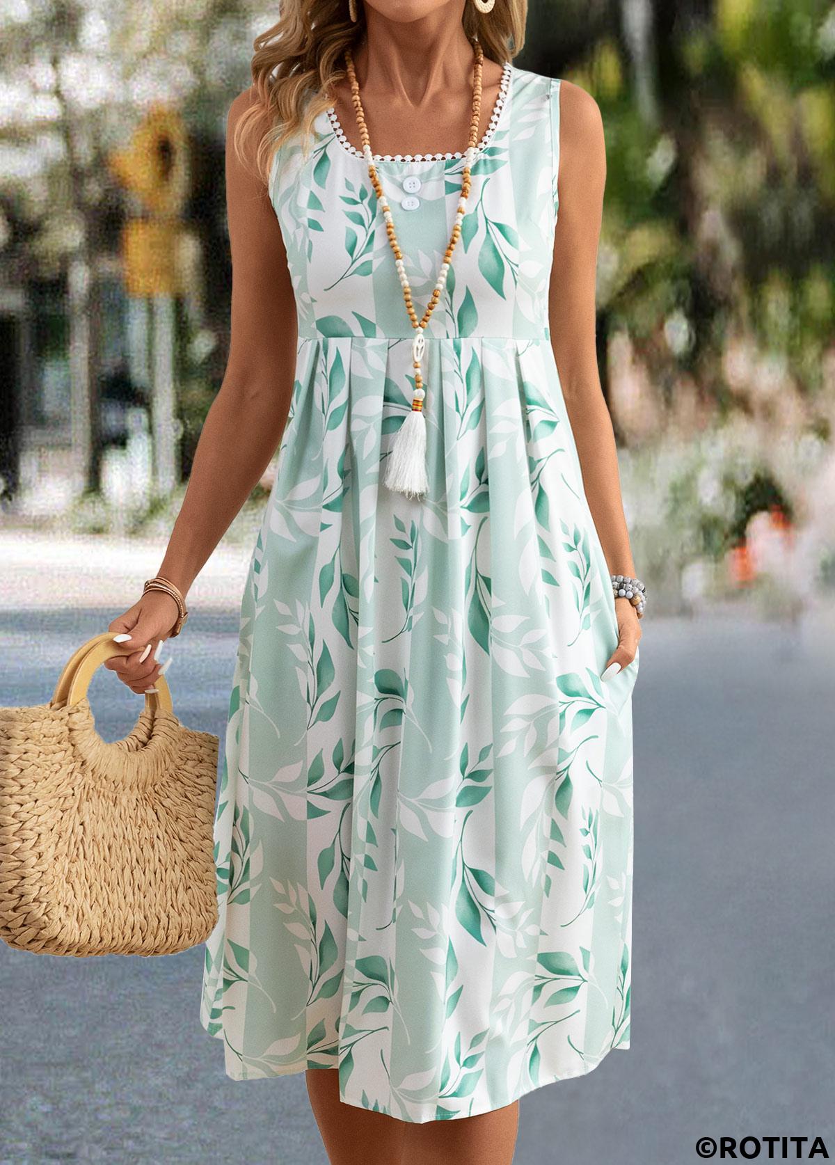 Light Green dresses,Plants dresses,Everyday dresses,Casual dresses,Leaf Print Light Green Square Neck Sleeveless Dress