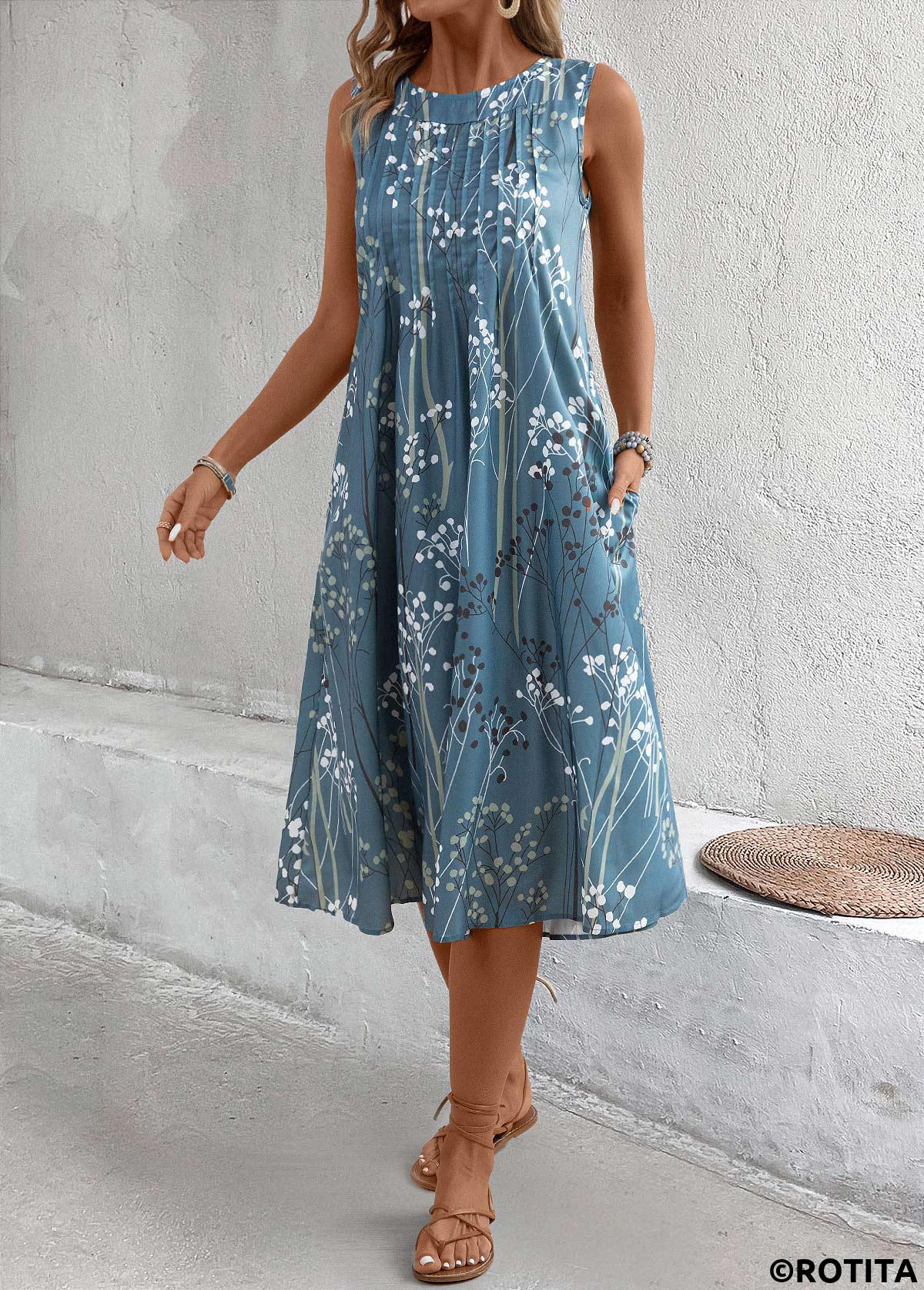 Dusty Blue dresses,Plants dresses,Everyday dresses,Casual dresses,Plants Print Dusty Blue A Line Round Neck Dress