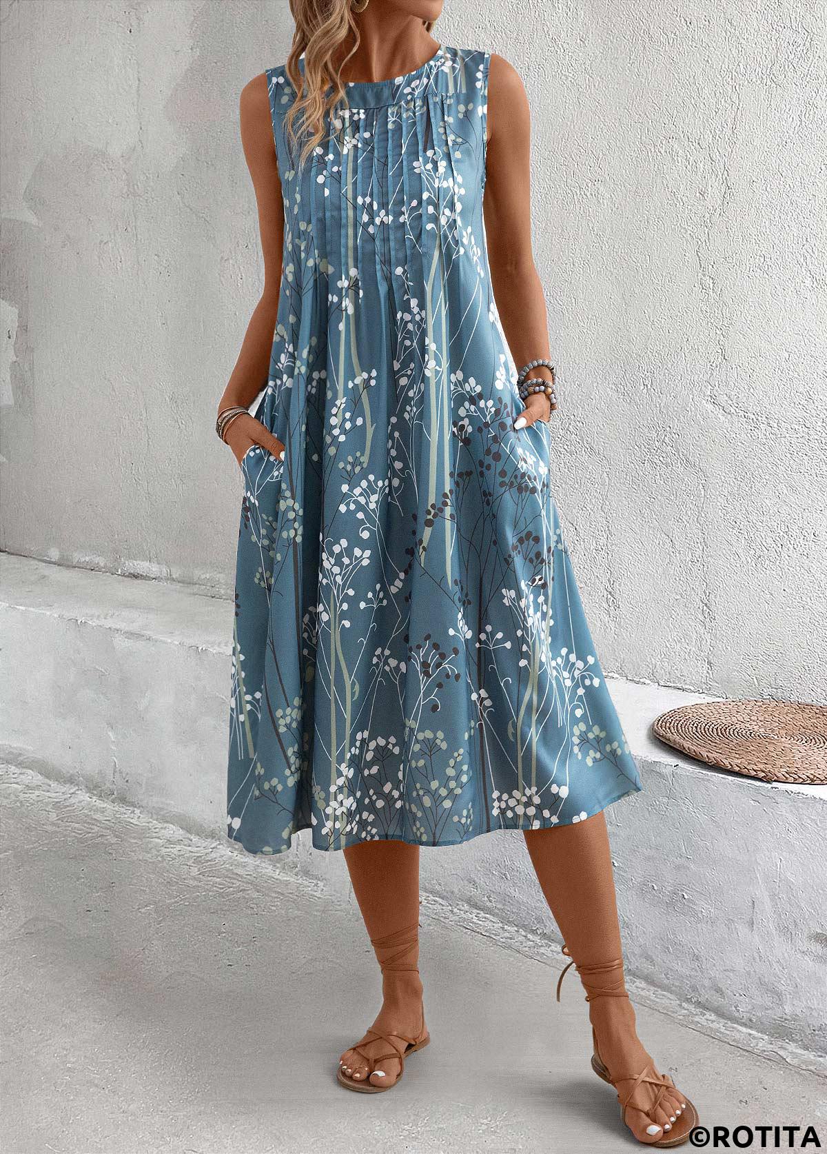 Dusty Blue dresses,Plants dresses,Everyday dresses,Casual dresses,Plants Print Dusty Blue A Line Round Neck Dress