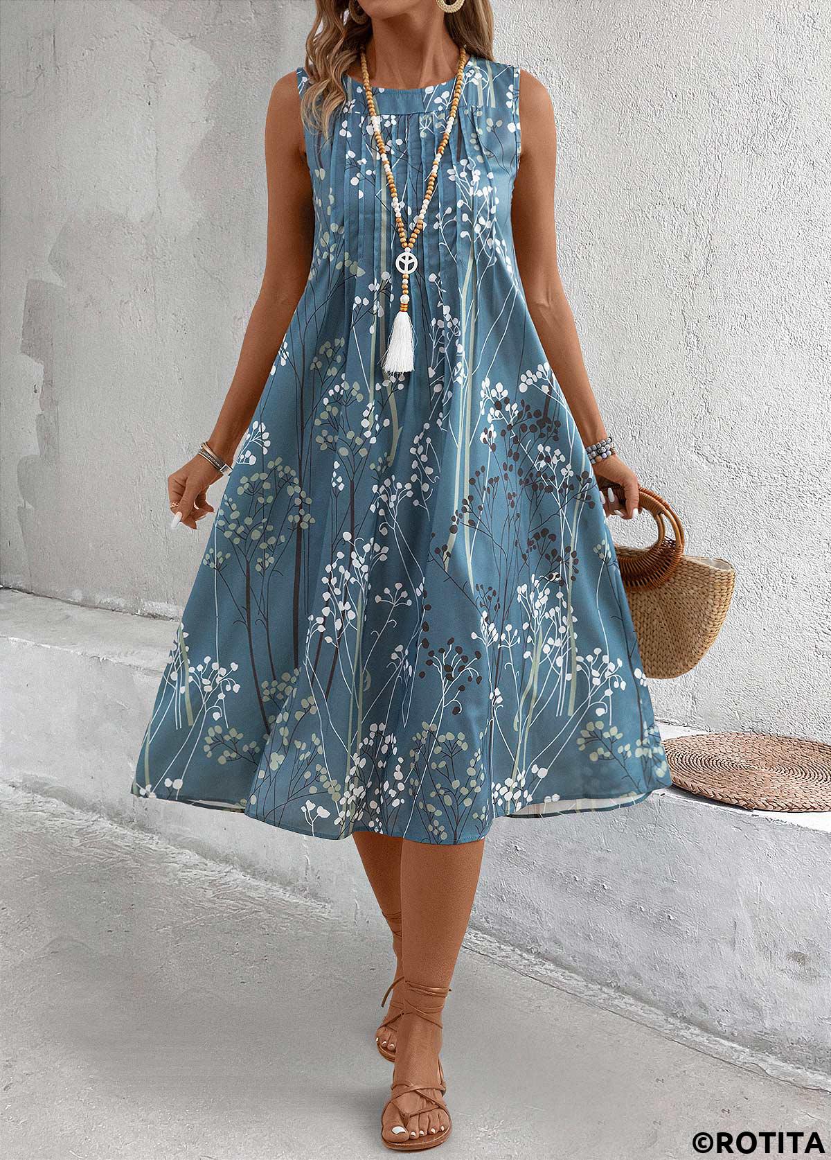Dusty Blue dresses,Plants dresses,Everyday dresses,Casual dresses,Plants Print Dusty Blue A Line Round Neck Dress