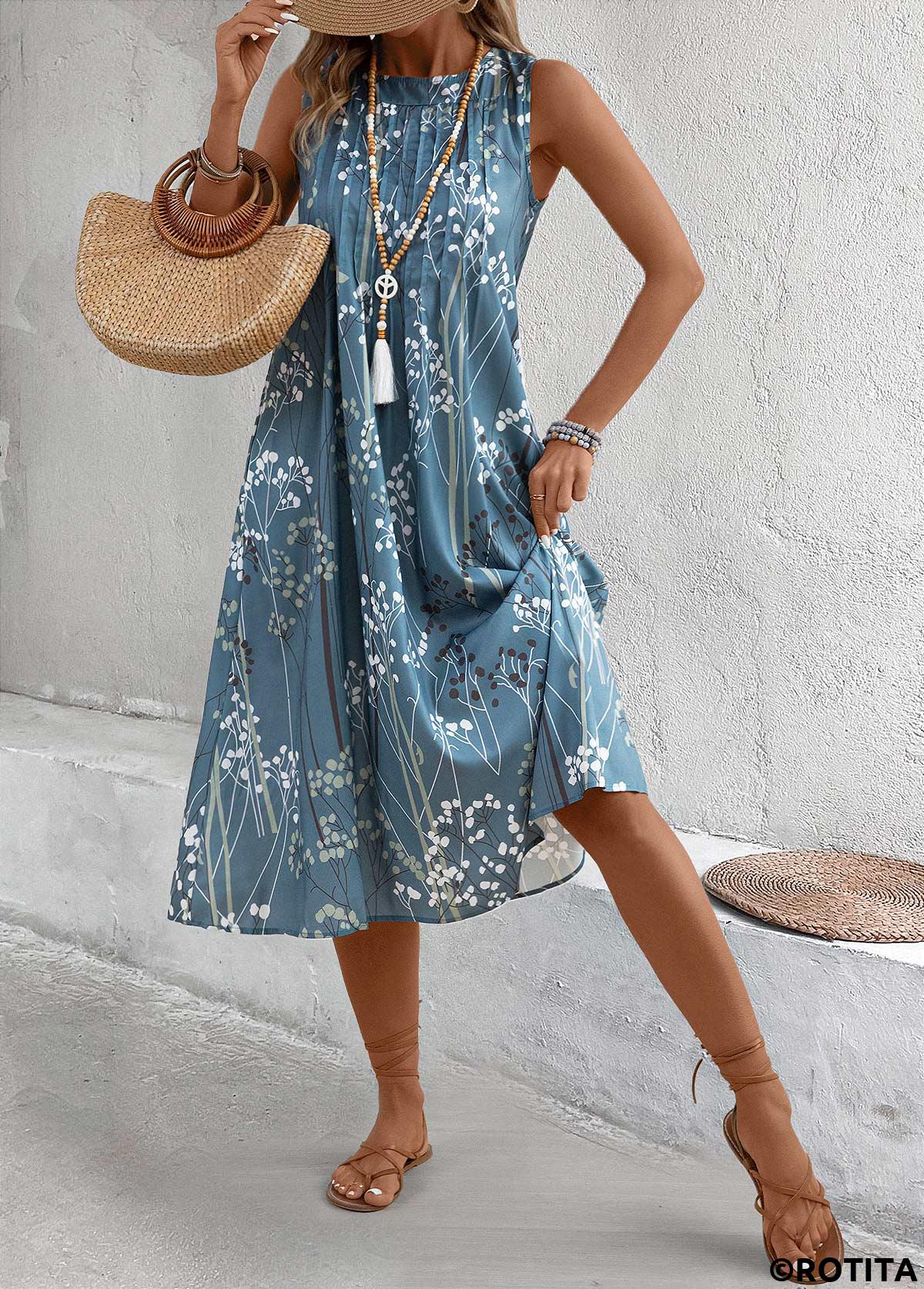 Dusty Blue dresses,Plants dresses,Everyday dresses,Casual dresses,Plants Print Dusty Blue A Line Round Neck Dress