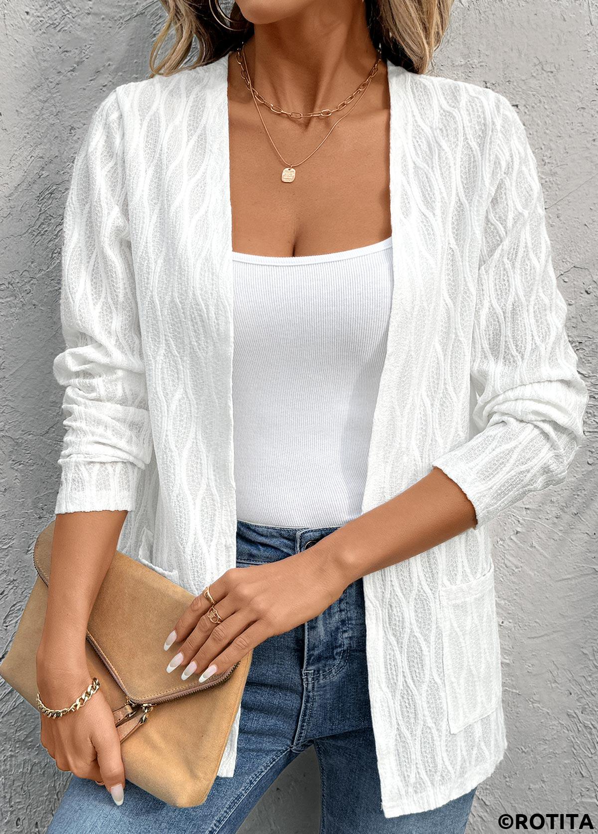 White tops,Plain Color tops,ROTITA White Pocket Long Sleeve Light Cardigan