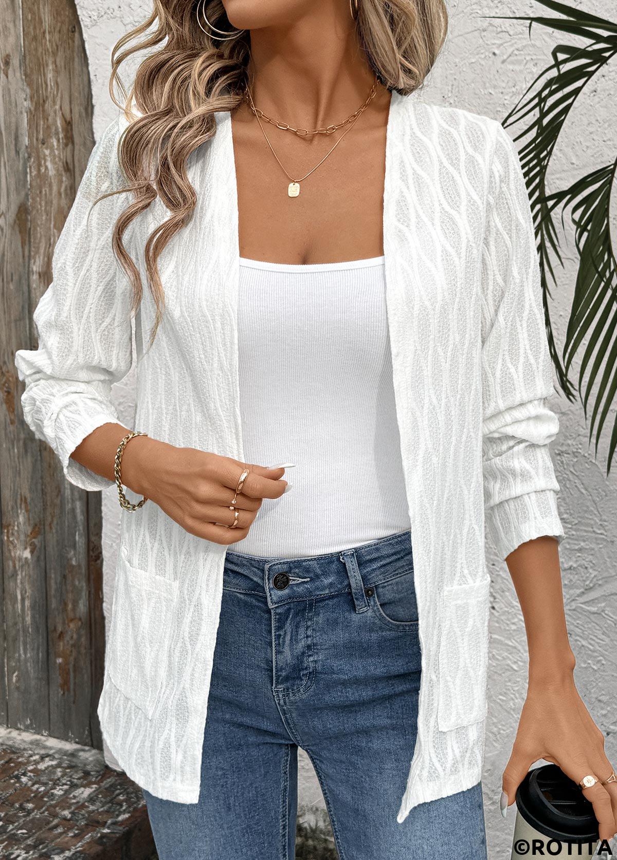 White tops,Plain Color tops,ROTITA White Pocket Long Sleeve Light Cardigan