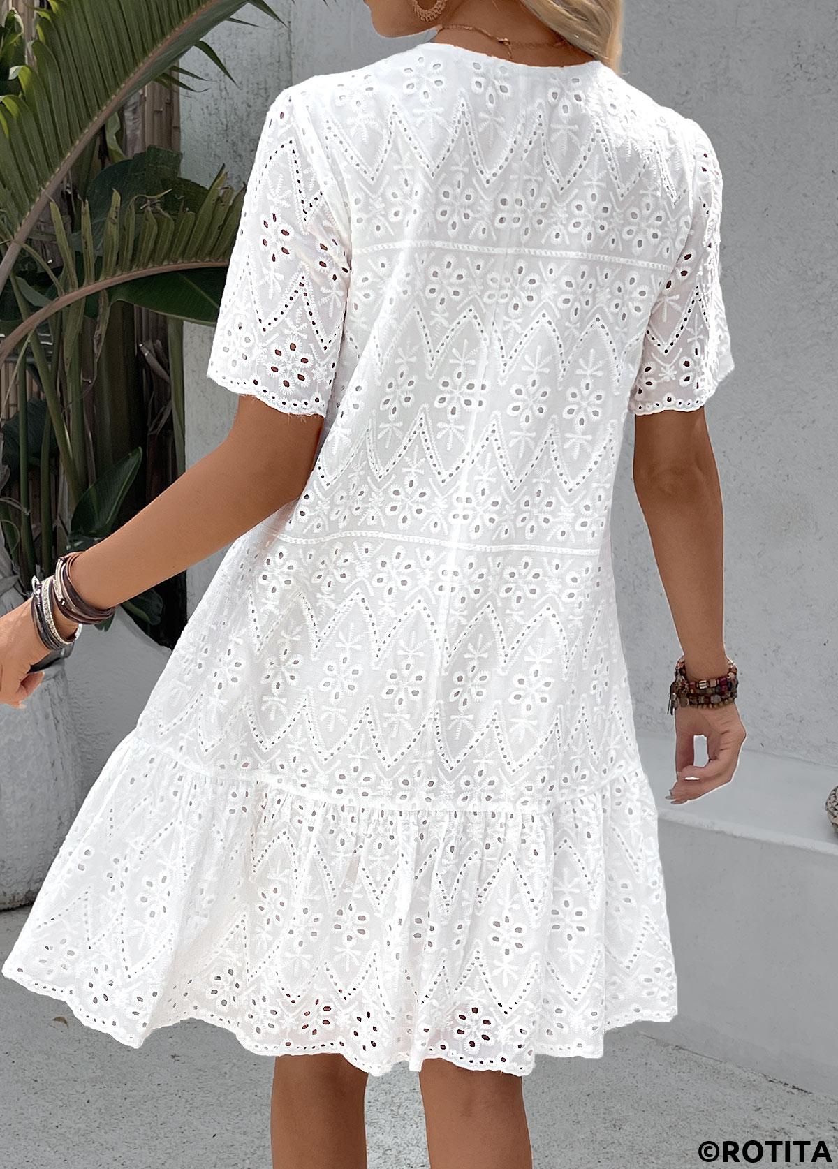 White dresses,Plain Color dresses,Vacation dresses,Vacation dresses,ROTITA White A Line Split Neck Short Sleeve Dress