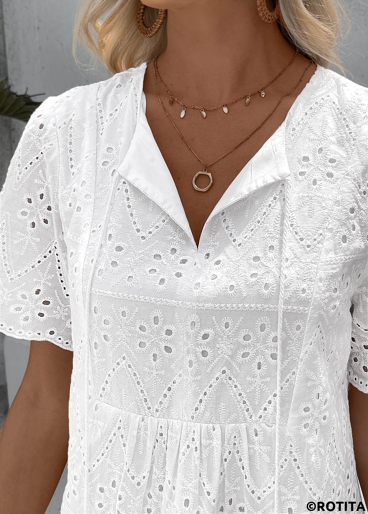White dresses,Plain Color dresses,Vacation dresses,Vacation dresses,ROTITA White A Line Split Neck Short Sleeve Dress