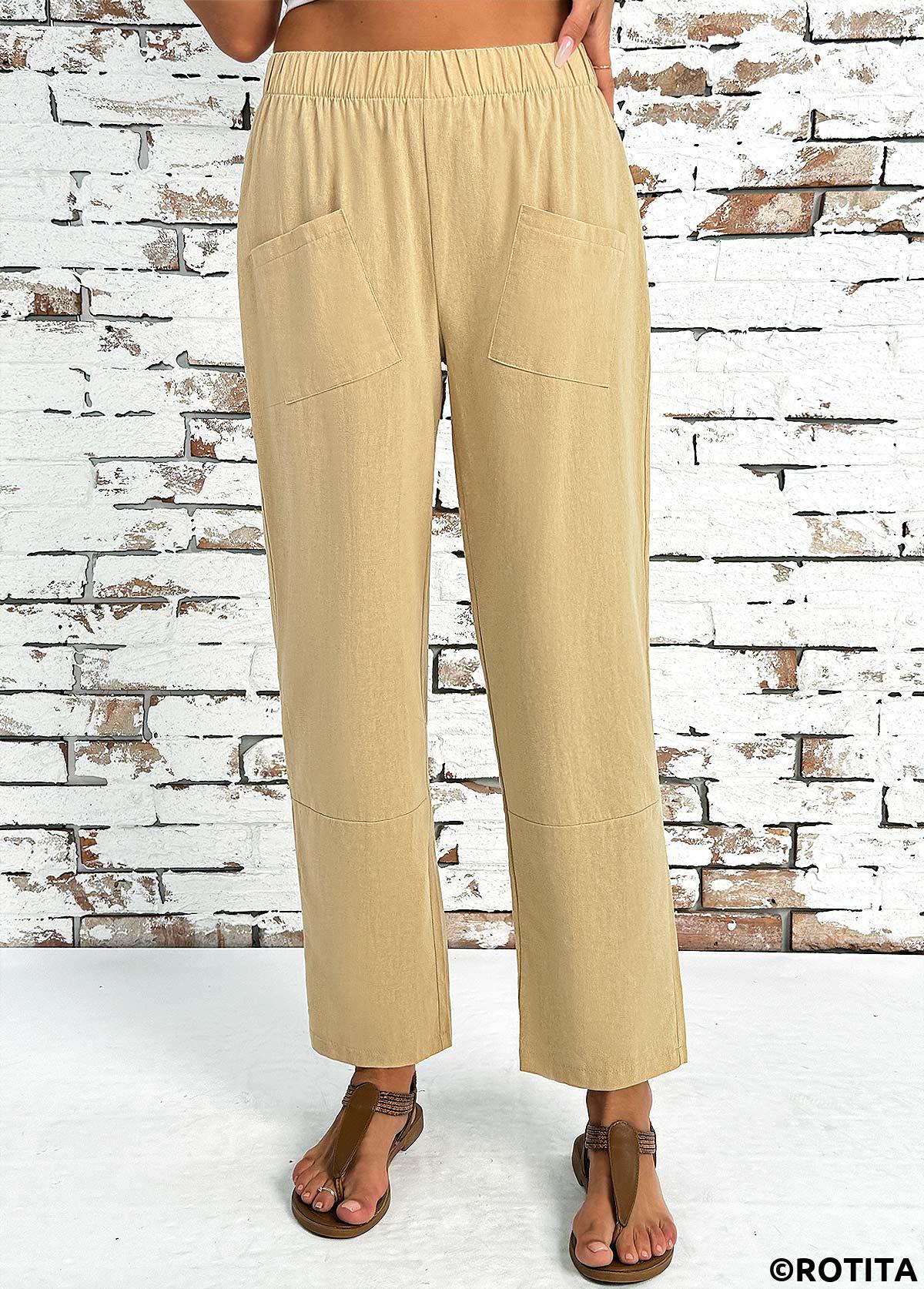 Light Camel bottoms,Plain Color bottoms,Light Camel Straight Leg Elastic Waist High Waisted Pants