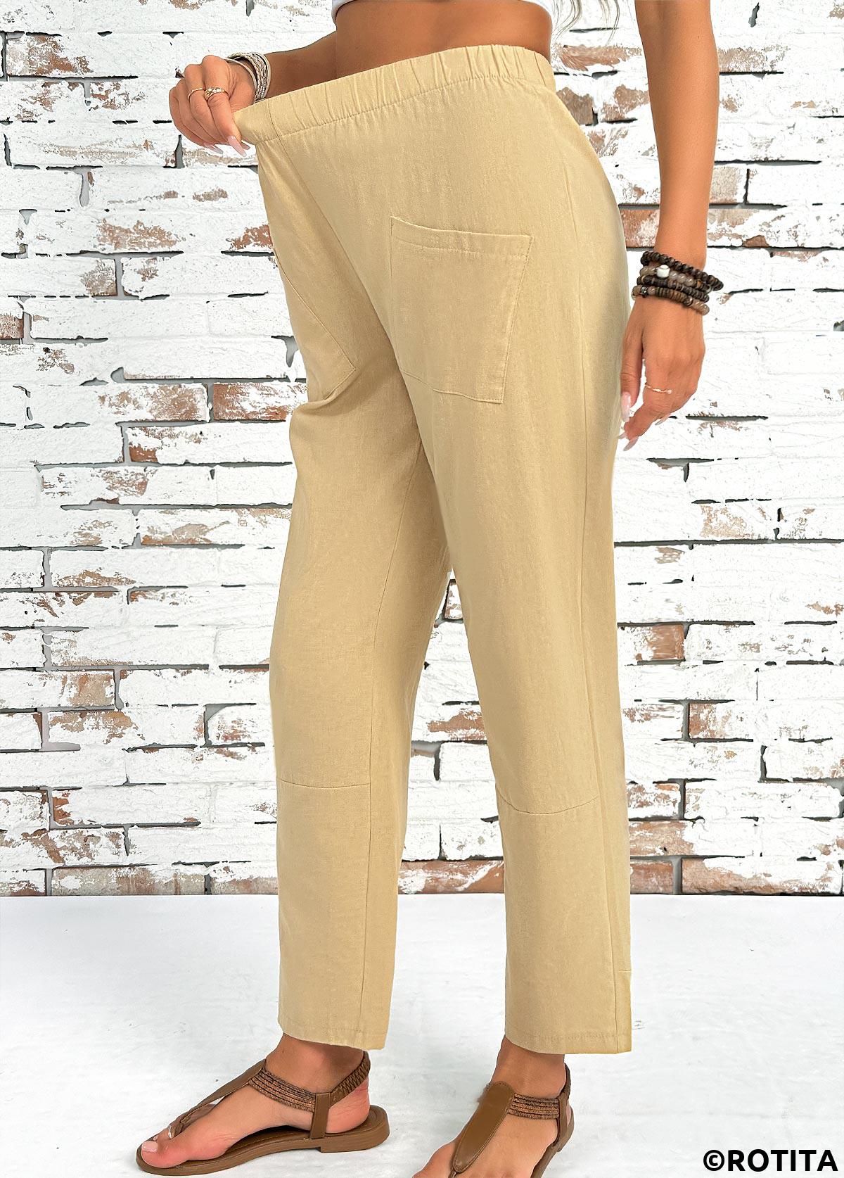 Light Camel bottoms,Plain Color bottoms,Light Camel Straight Leg Elastic Waist High Waisted Pants