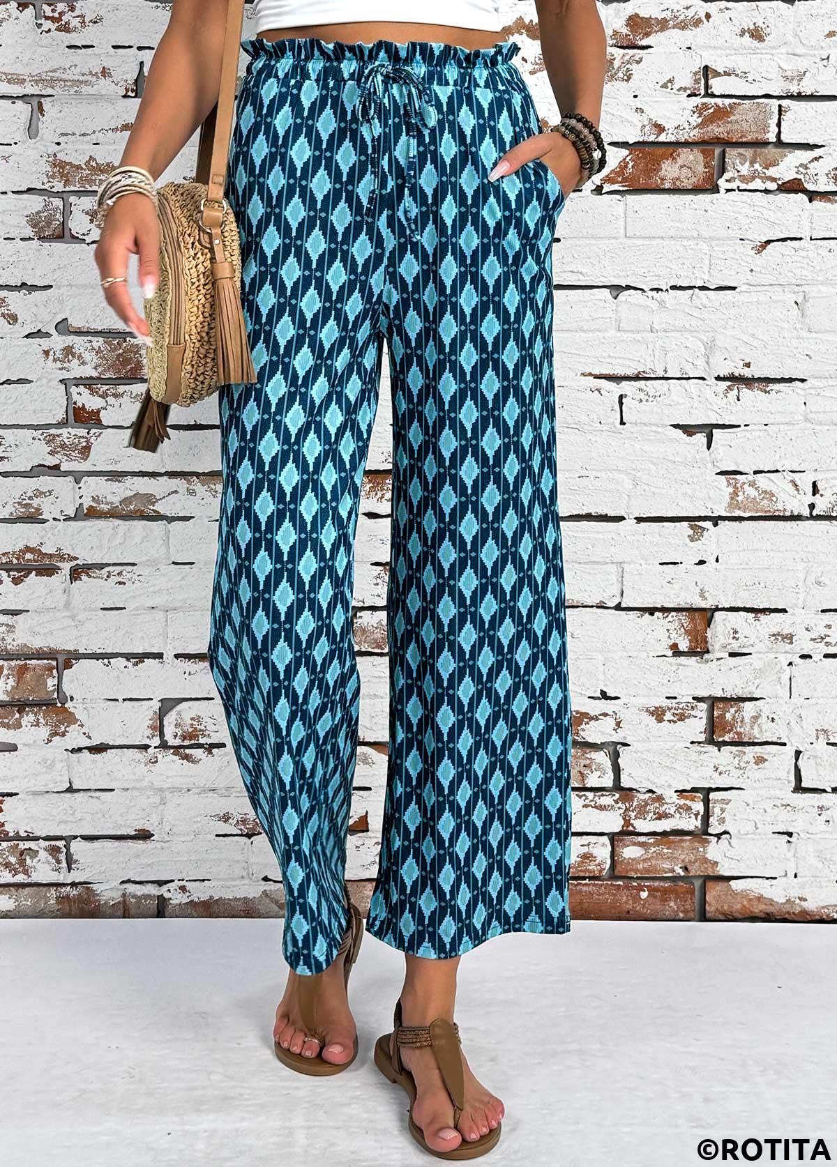 Mint Green bottoms,Geometric bottoms,Geometric Print Mint Green Wide Leg Elastic Waist Pants