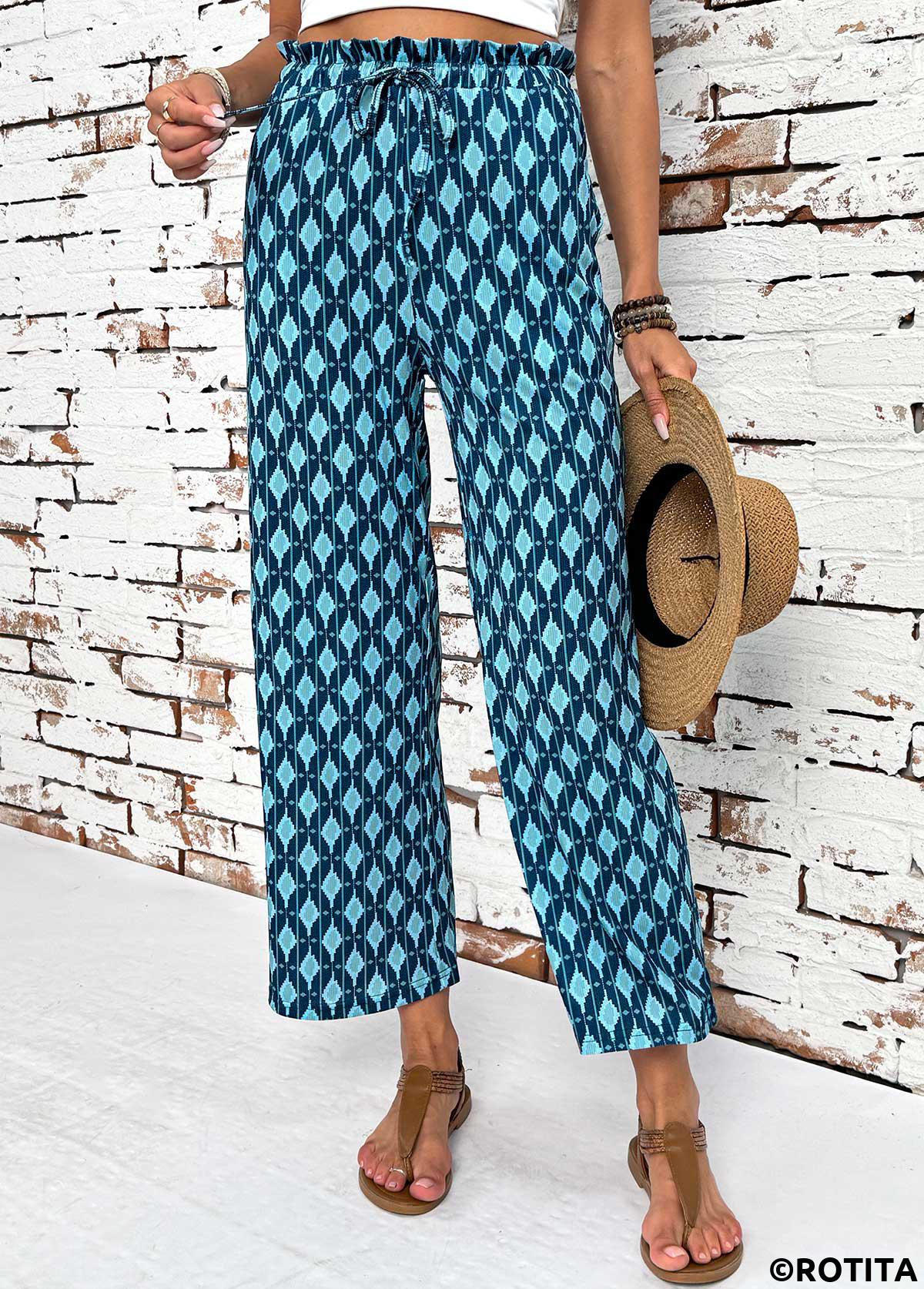 Mint Green bottoms,Geometric bottoms,Geometric Print Mint Green Wide Leg Elastic Waist Pants