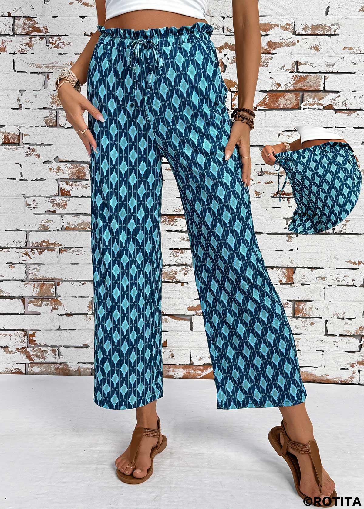 Mint Green bottoms,Geometric bottoms,Geometric Print Mint Green Wide Leg Elastic Waist Pants