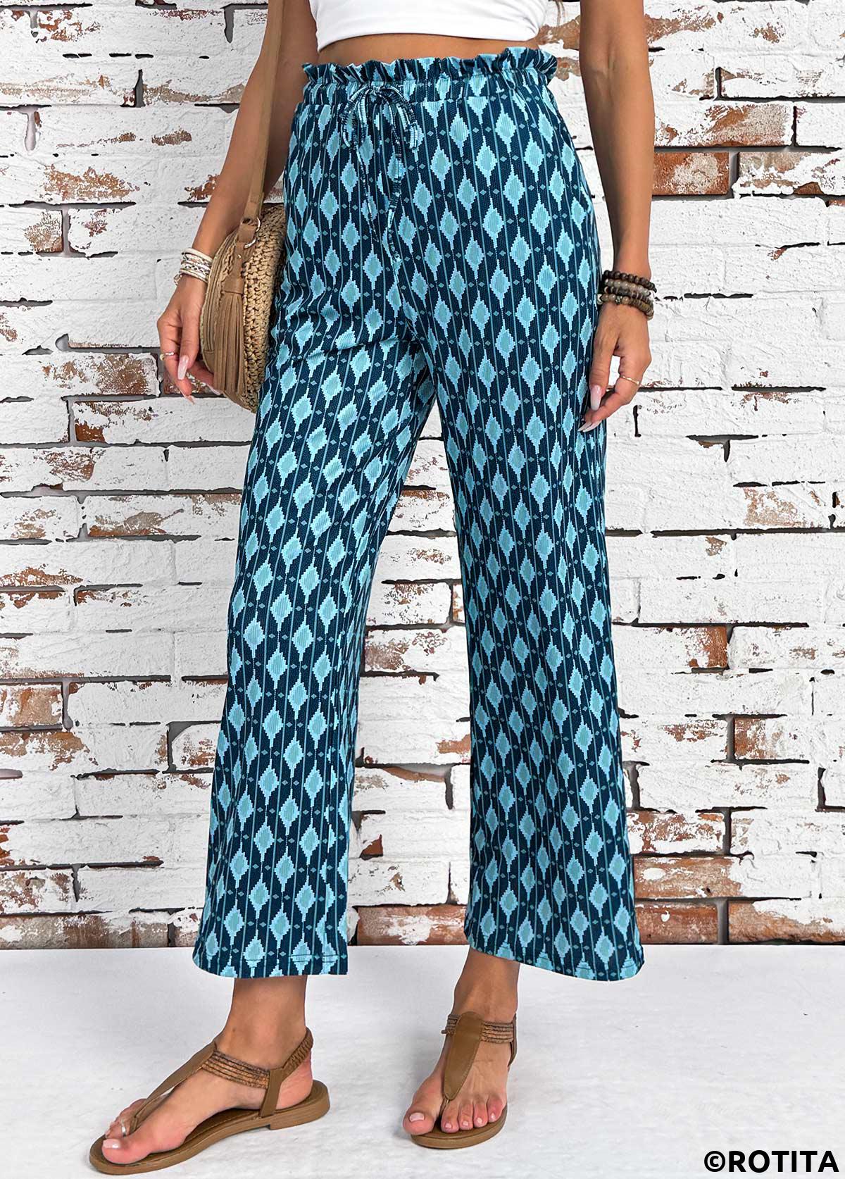 Mint Green bottoms,Geometric bottoms,Geometric Print Mint Green Wide Leg Elastic Waist Pants