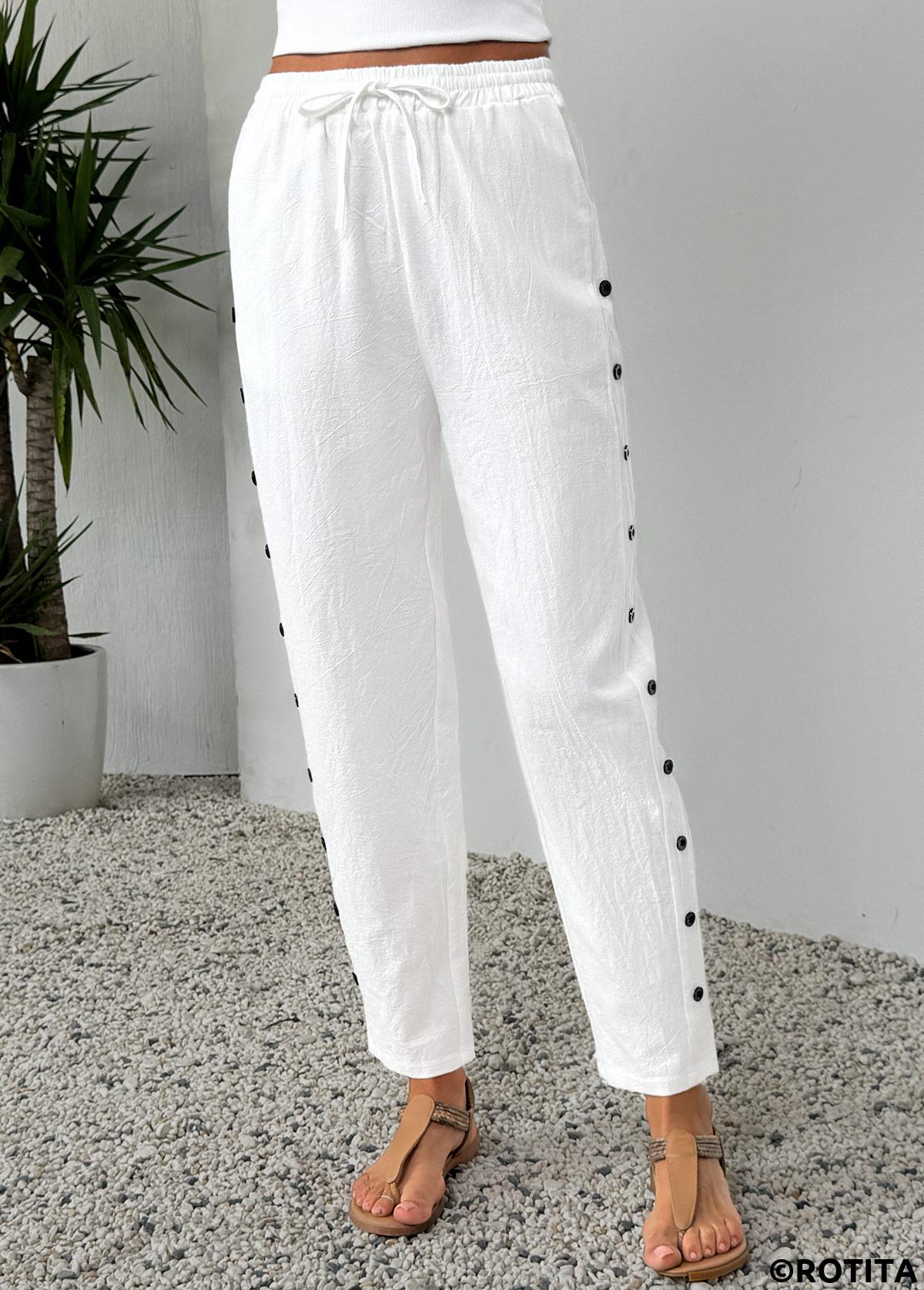 White bottoms,Plain Color bottoms,White Elastic Waist High Waisted Pants