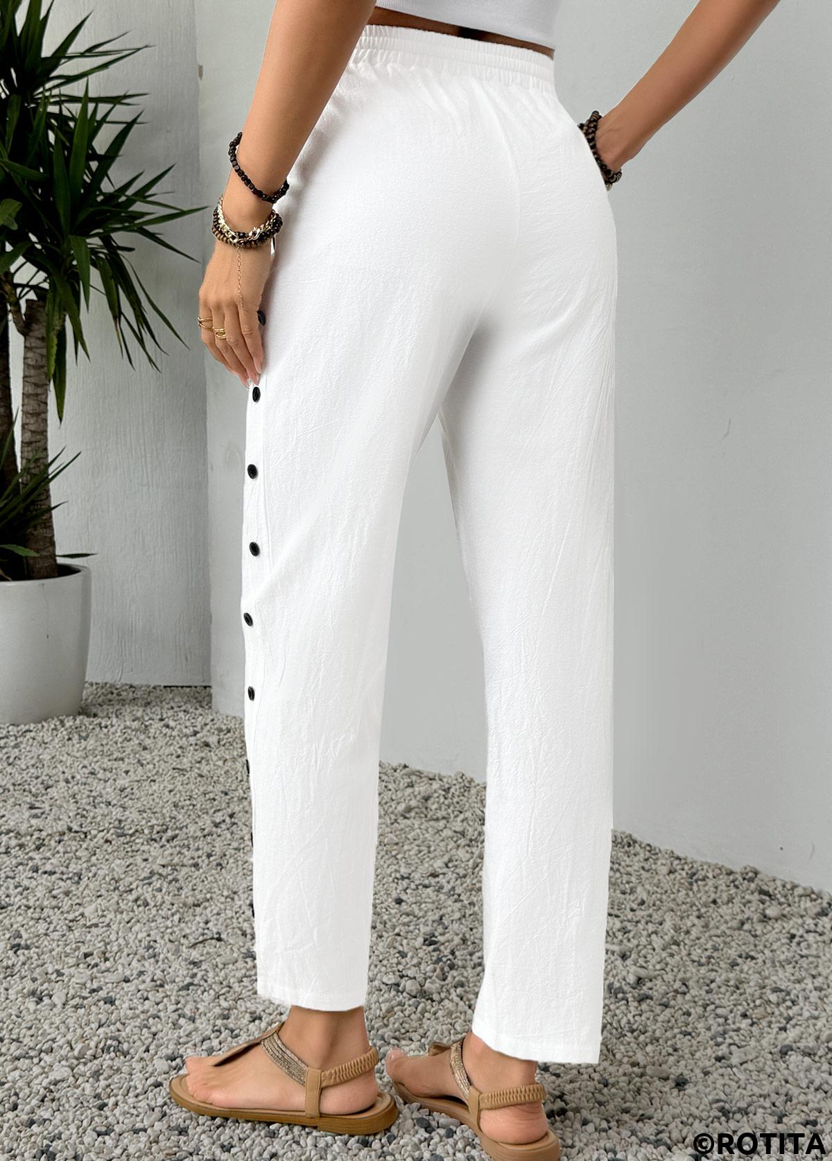 White bottoms,Plain Color bottoms,White Elastic Waist High Waisted Pants