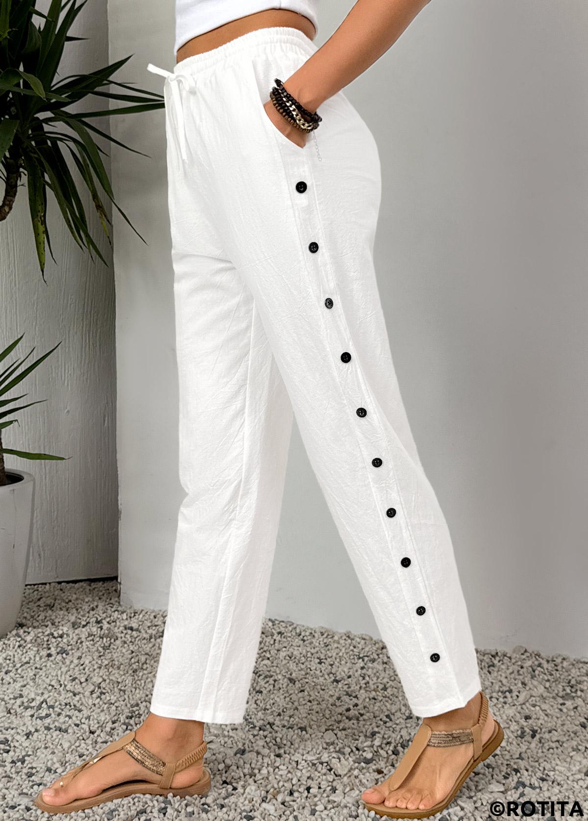 White bottoms,Plain Color bottoms,White Elastic Waist High Waisted Pants