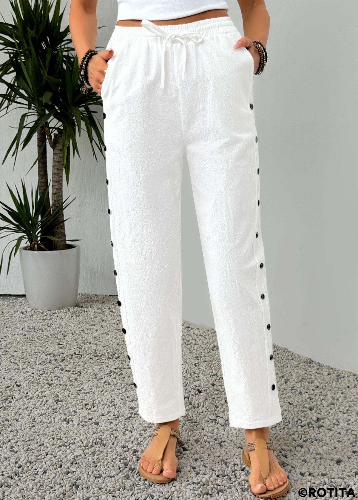 White bottoms,Plain Color bottoms,White Elastic Waist High Waisted Pants